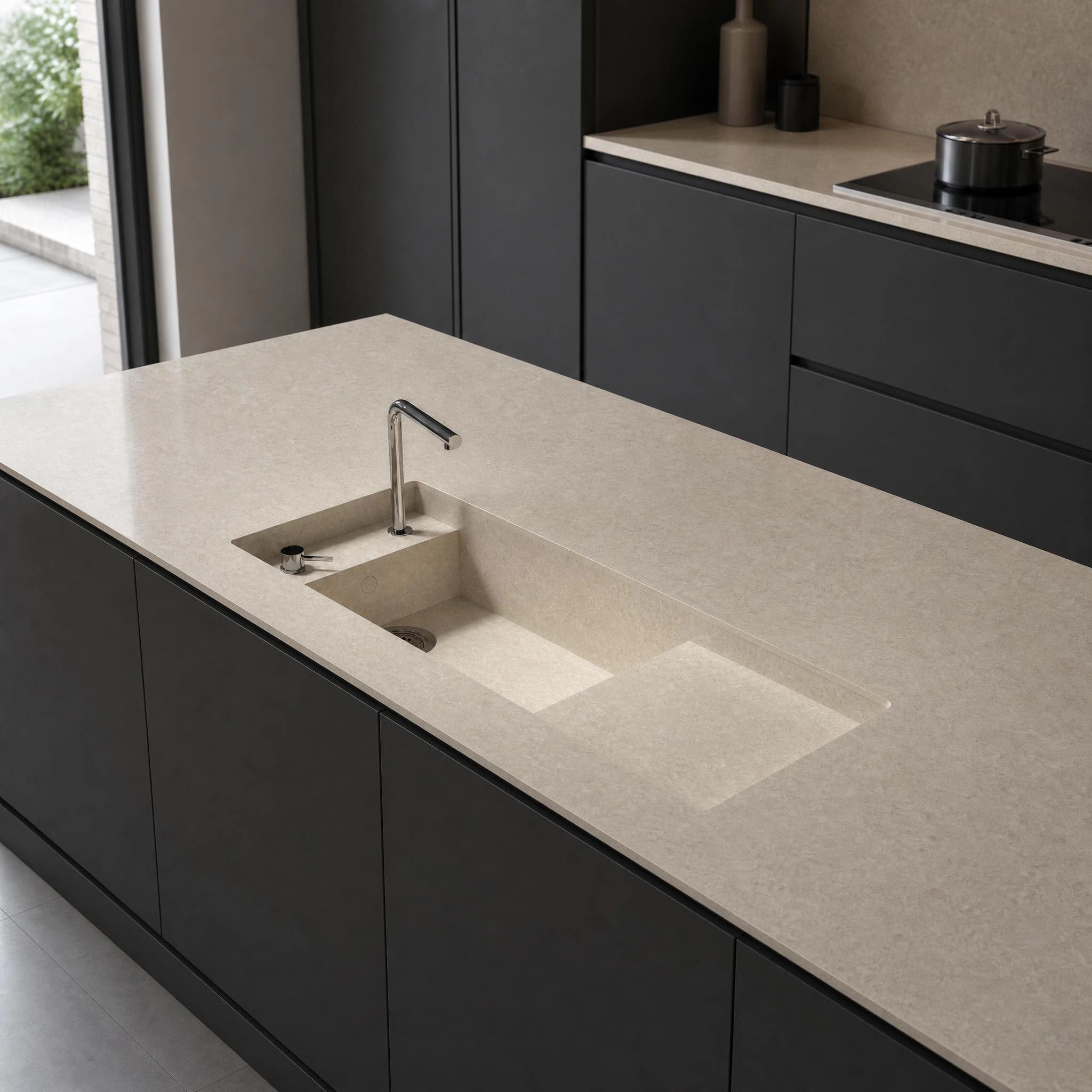 Dekton Ava worktop in a kitchen with an island, integrated sink and dark cabinetry