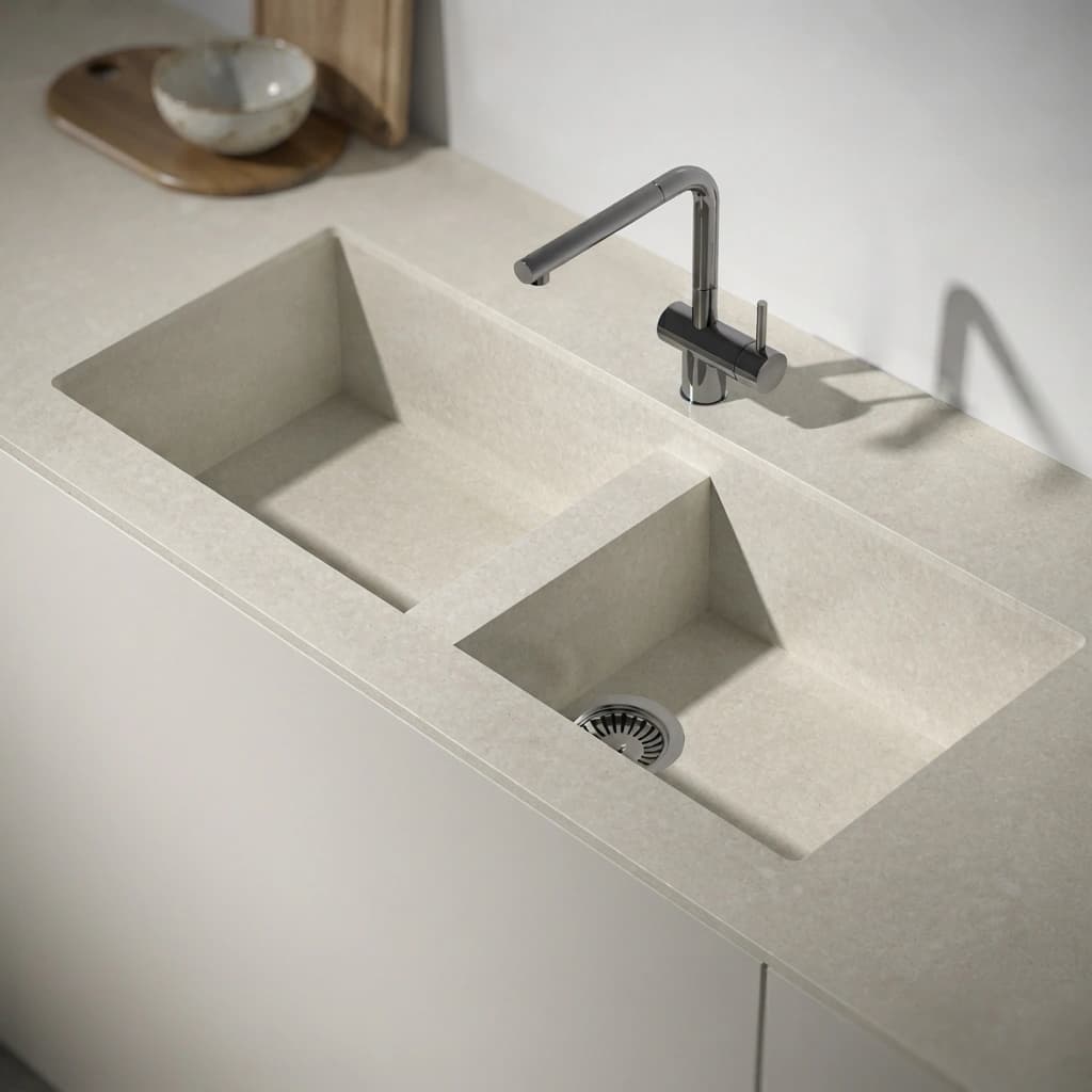 Dekton Ava countertop with an integrated double-bowl sink and metal tap