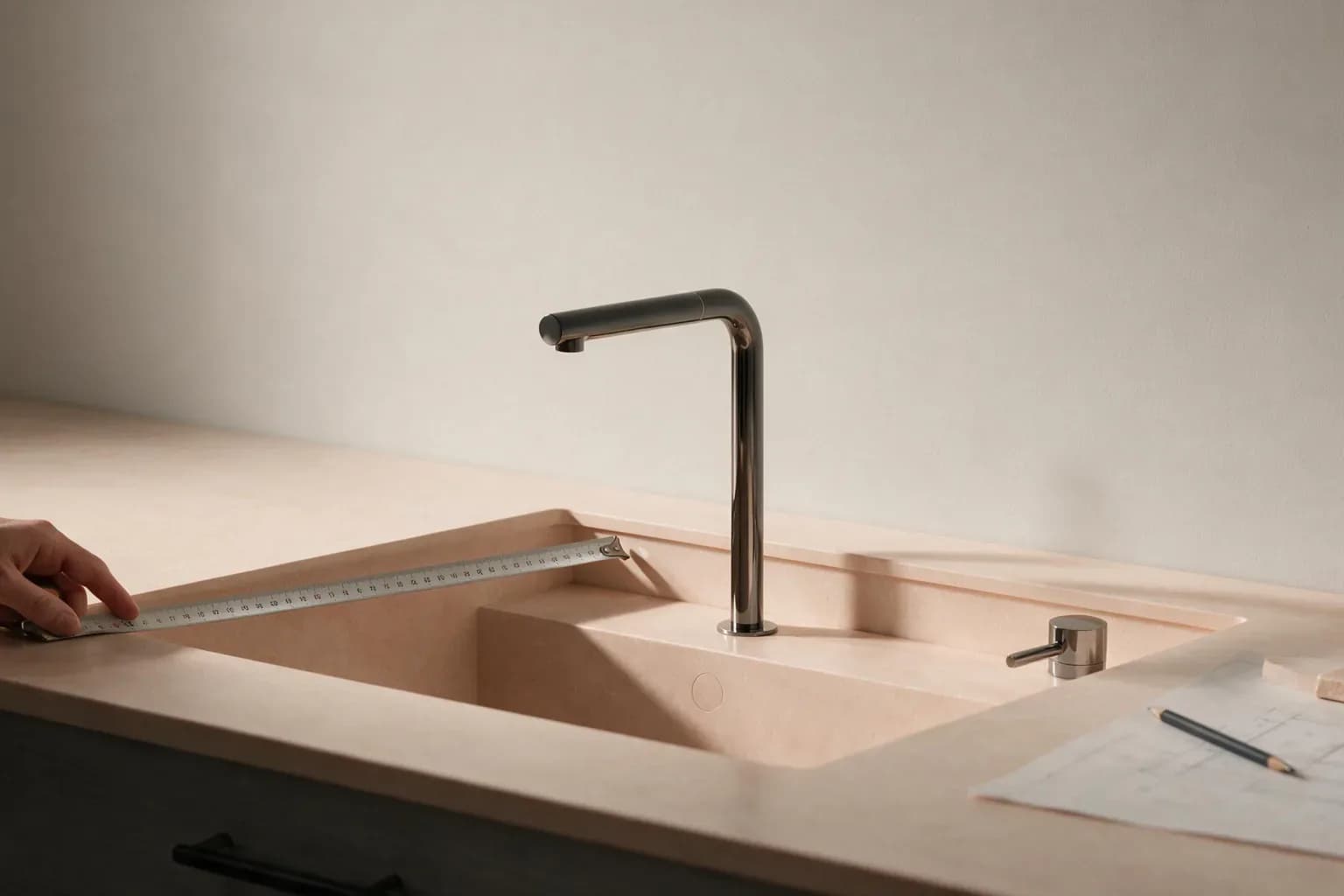 Person measuring a light-colored countertop with an integrated sink and tall faucet