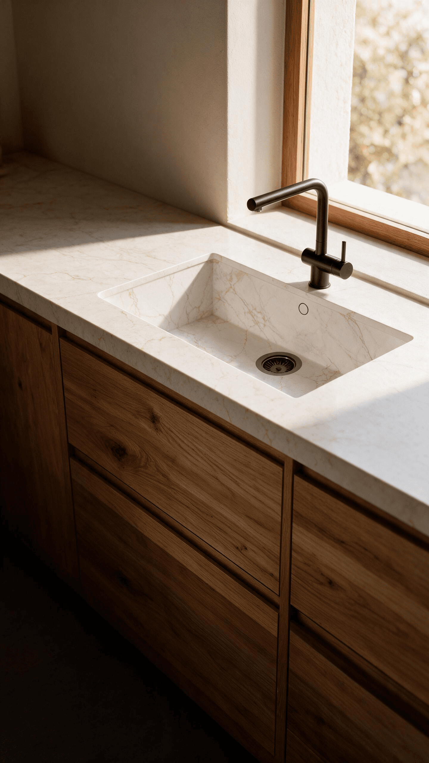 Light countertop with gray veining, integrated sink and faucet over wooden kitchen cabinets