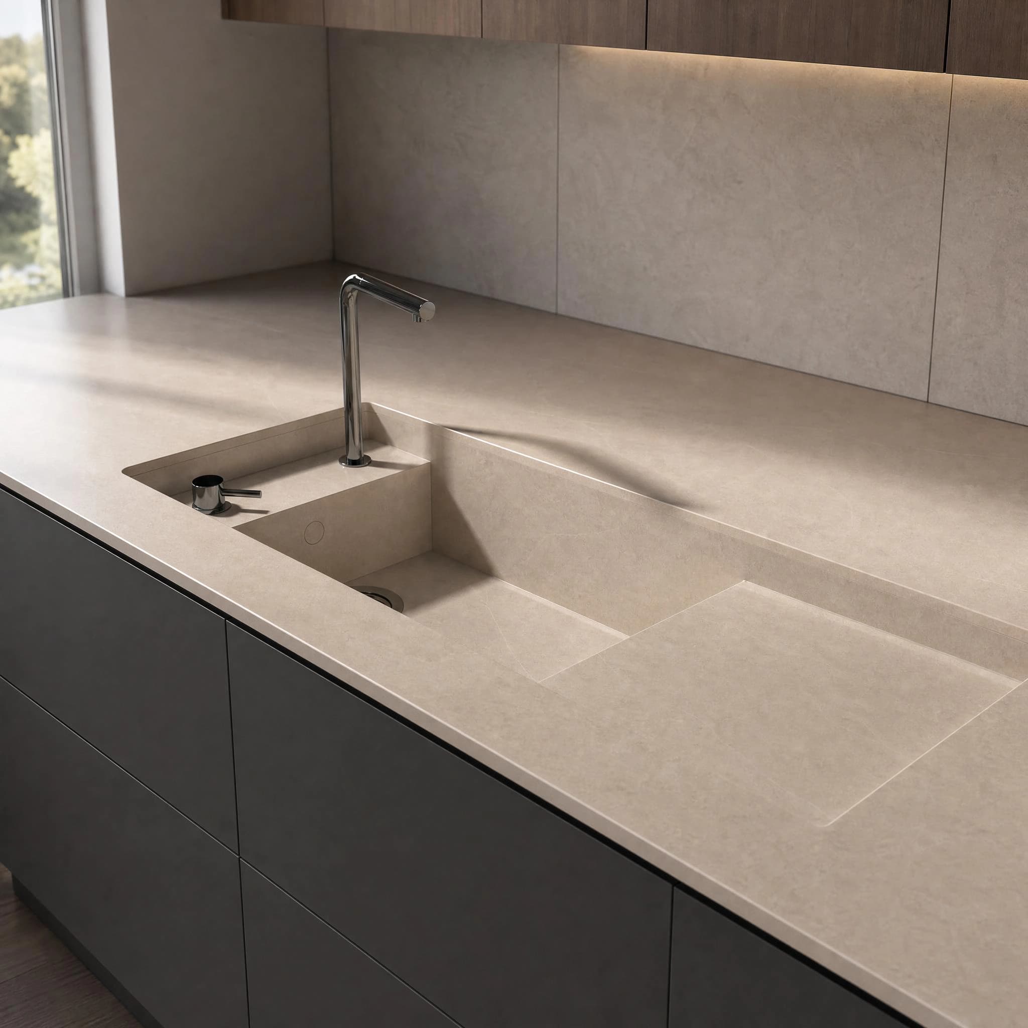 Dekton Adia worktop with integrated sink and tap in a kitchen