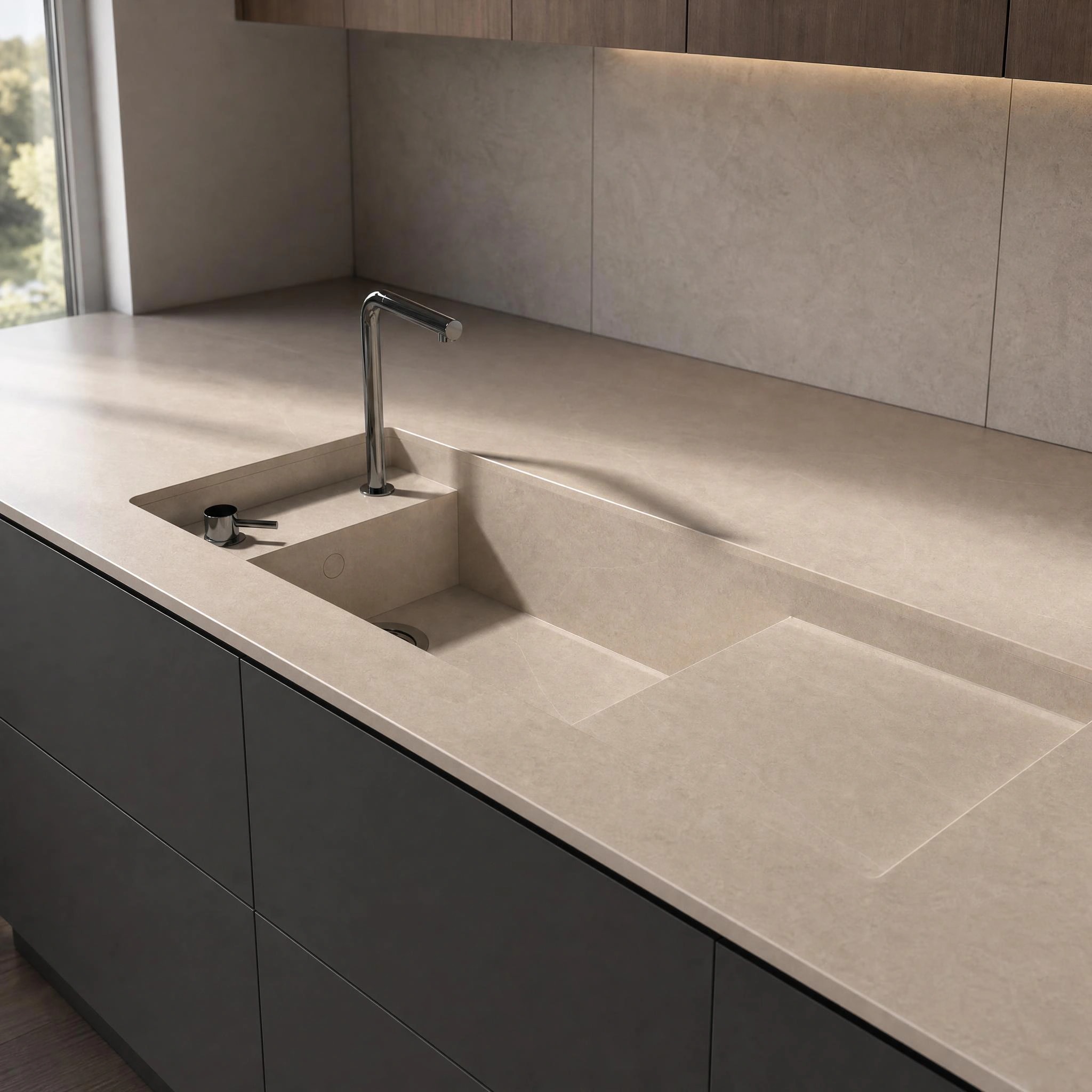 Dekton Adia worktop with integrated sink and tap in a kitchen