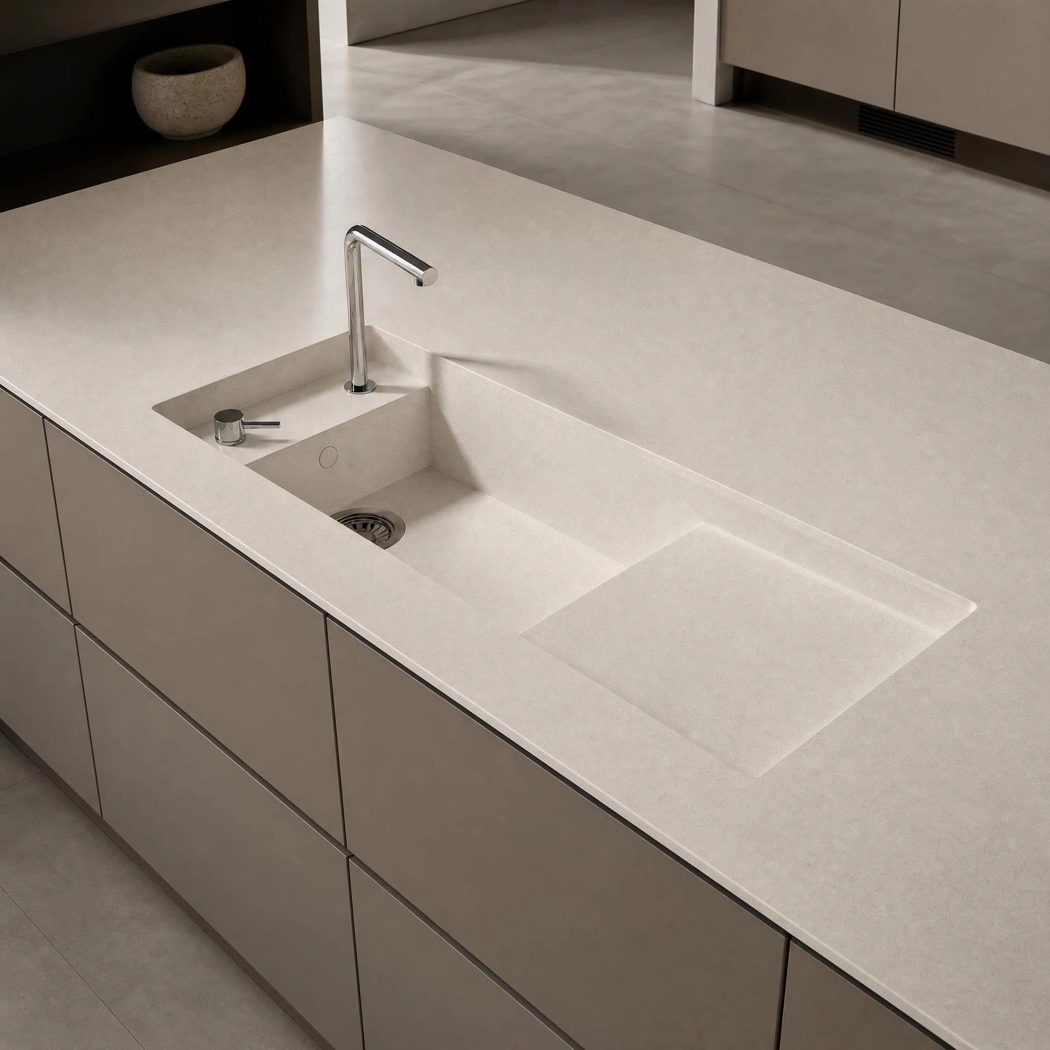 Dekton Aeris Martina Arbeitsplatte auf einer Kücheninsel mit integriertem Spülbecken und Chromarmatur