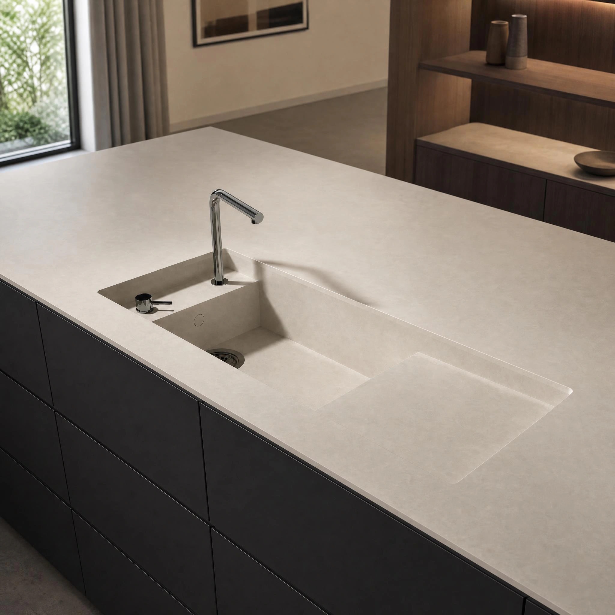 Dekton Argentium countertop with integrated sink and faucet on a kitchen island