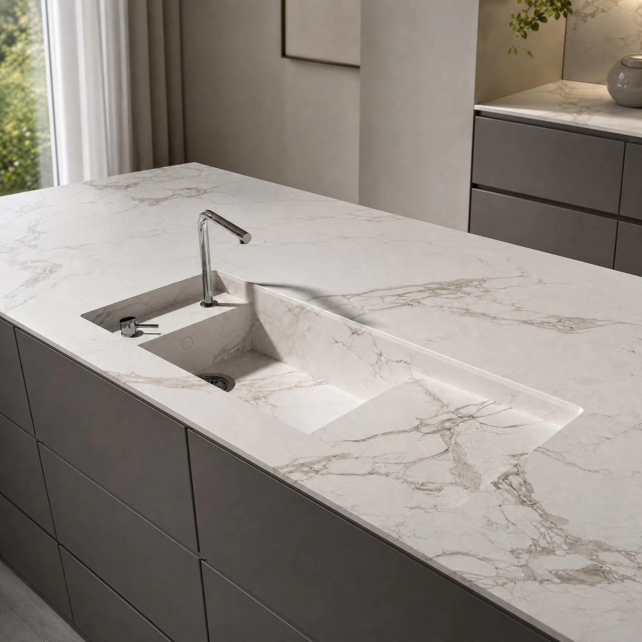 Weiße Dekton Aura Arbeitsplatte mit grauer Maserung, integriertem Spülbecken und verchromter Armatur
