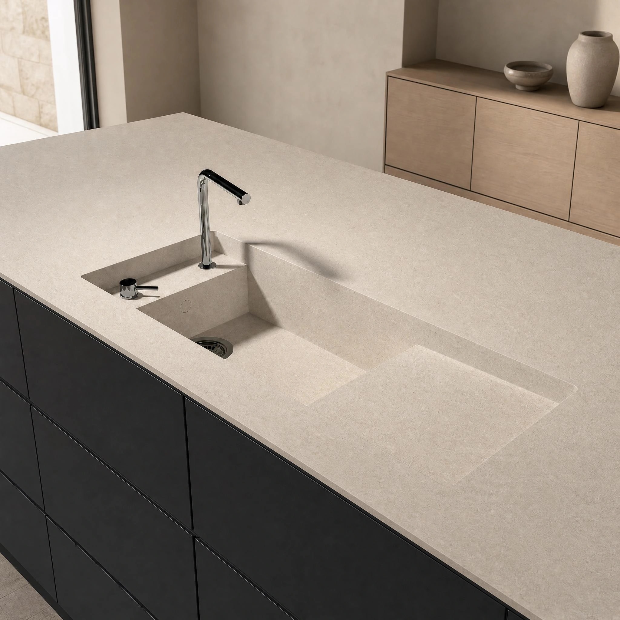 Dekton Martina countertop in Avorio with integrated sink and chrome faucet