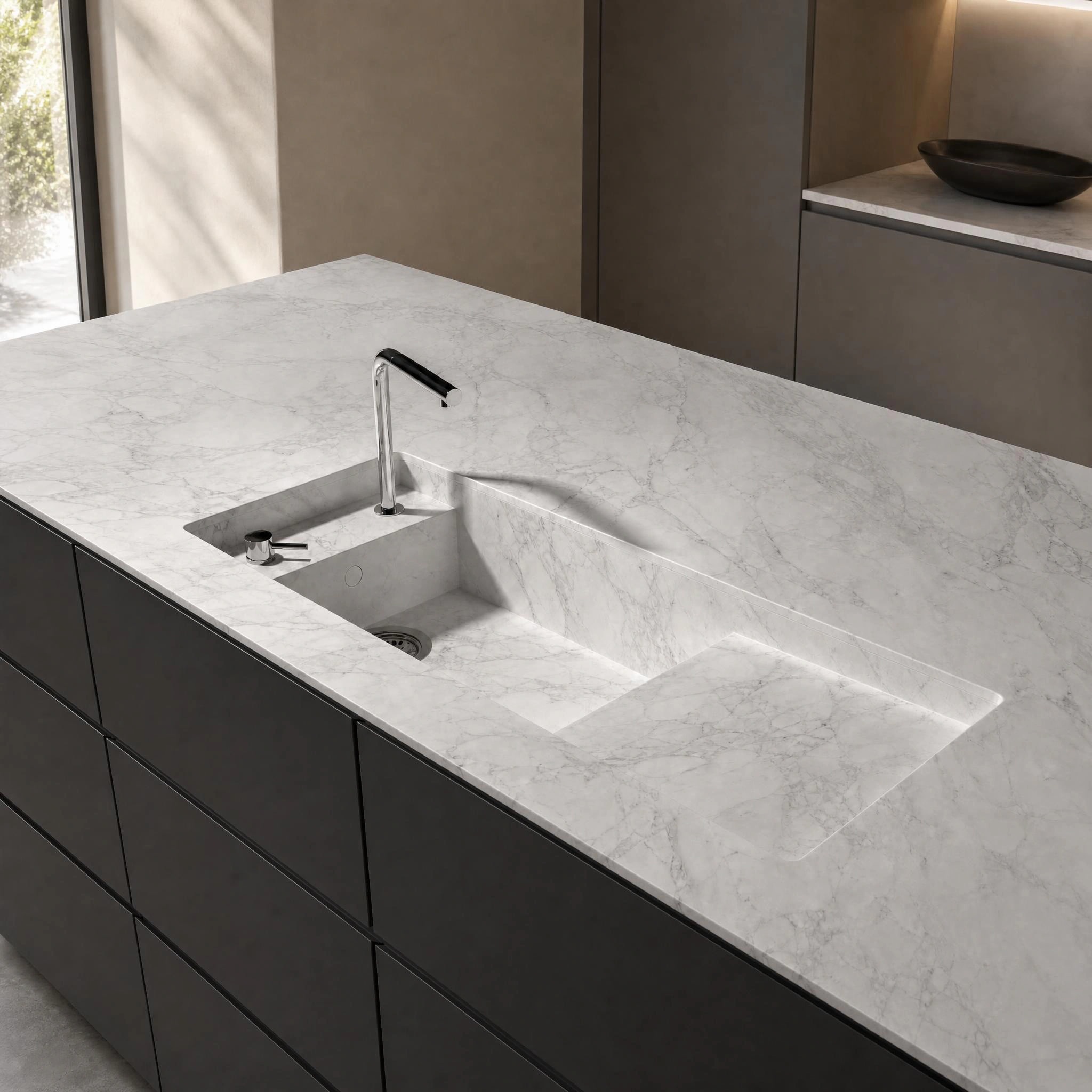 Dekton Bergen countertop with integrated sink and tap on a kitchen island