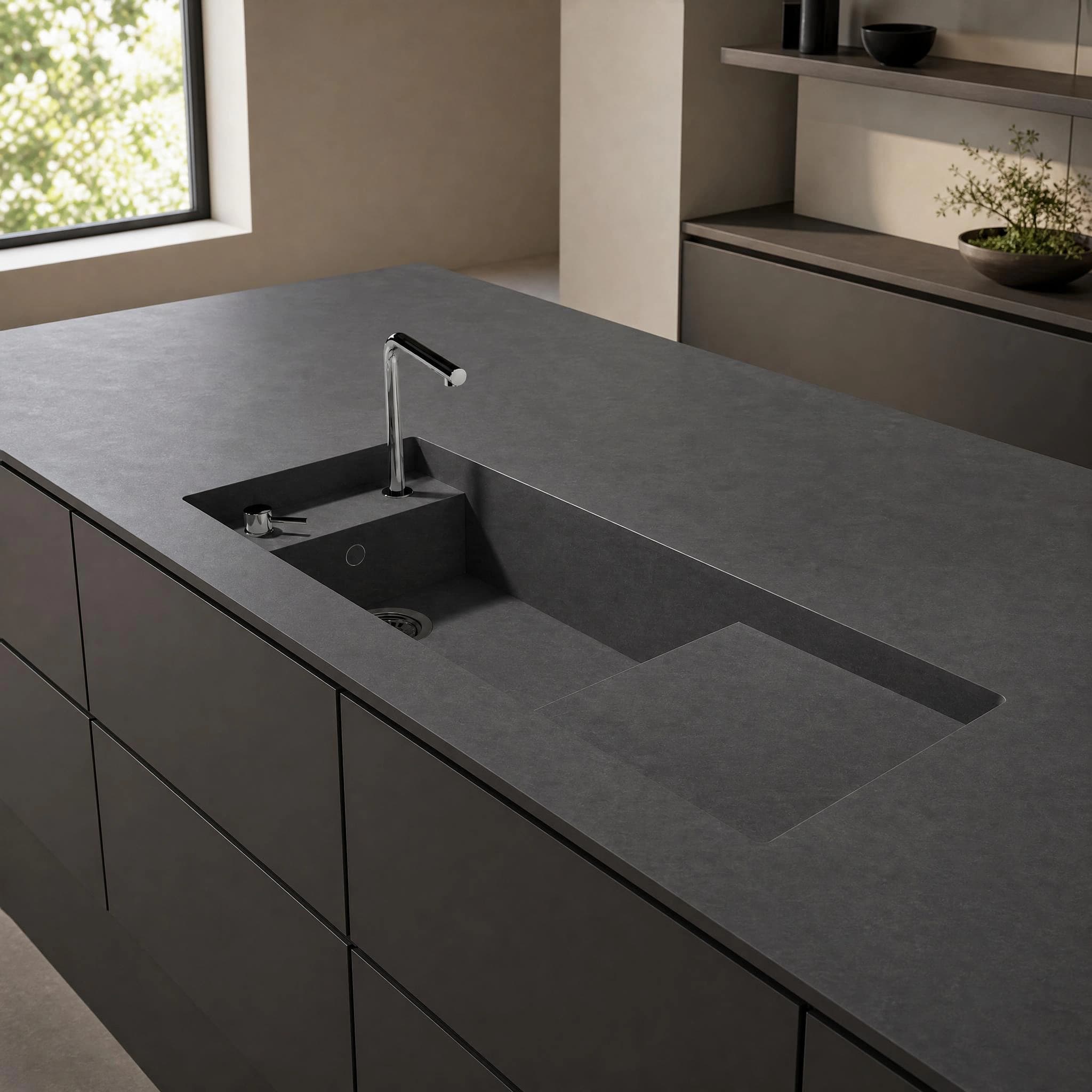 Dekton Bromo Martina countertop on a kitchen island with an integrated sink and tap