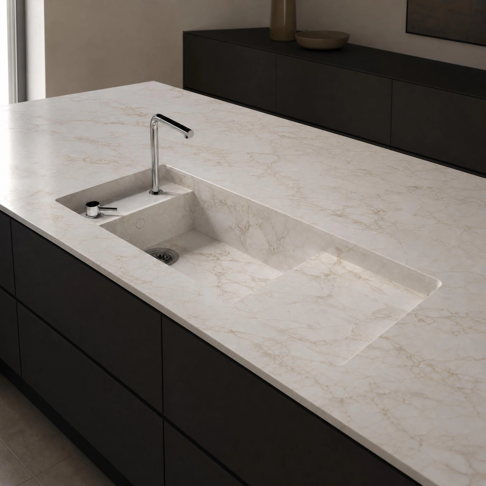 Light Dekton Entzo worktop with integrated sink and chrome tap