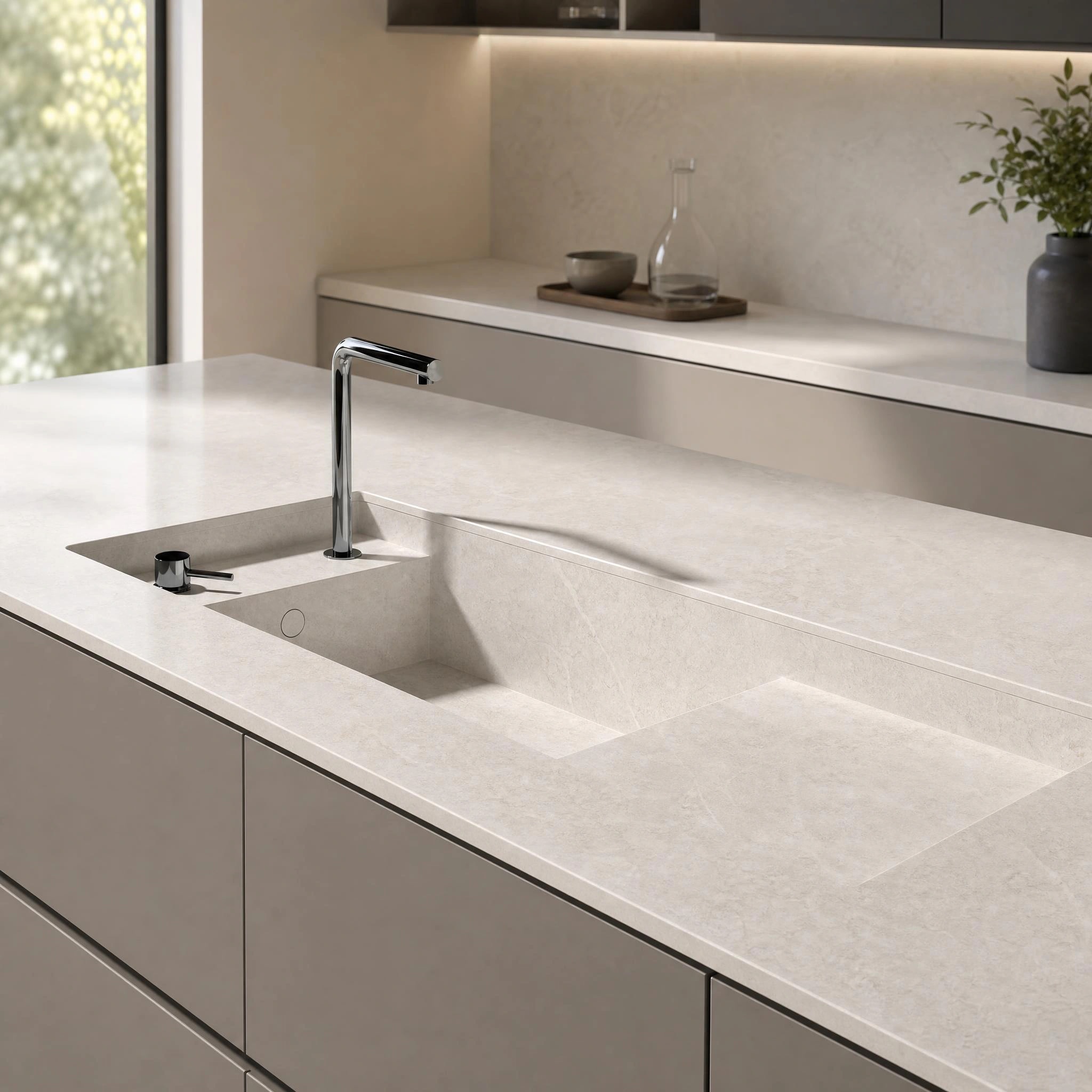 Dekton Evok countertop in a kitchen with an integrated sink and chrome tap