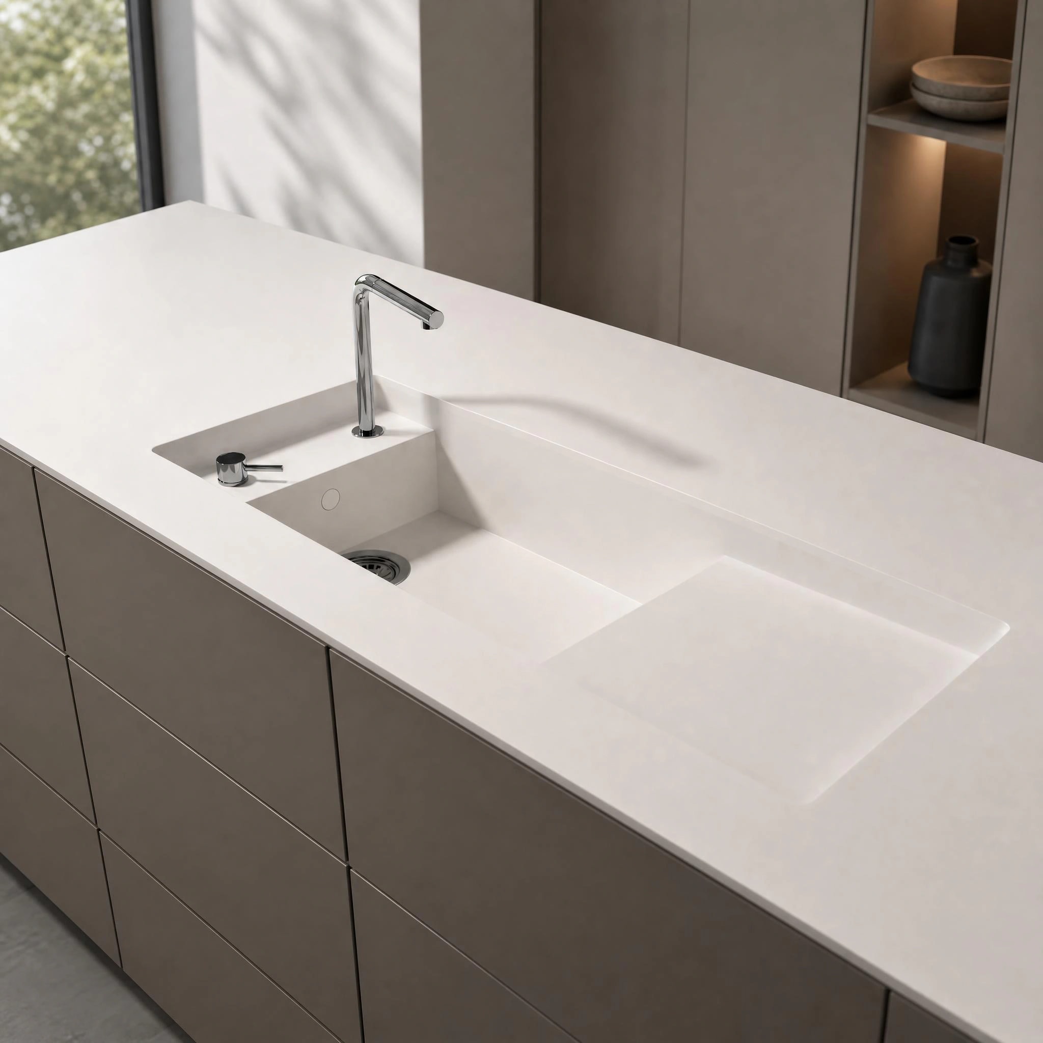 White Dekton Martina countertop in Halo with integrated sink and chrome tap