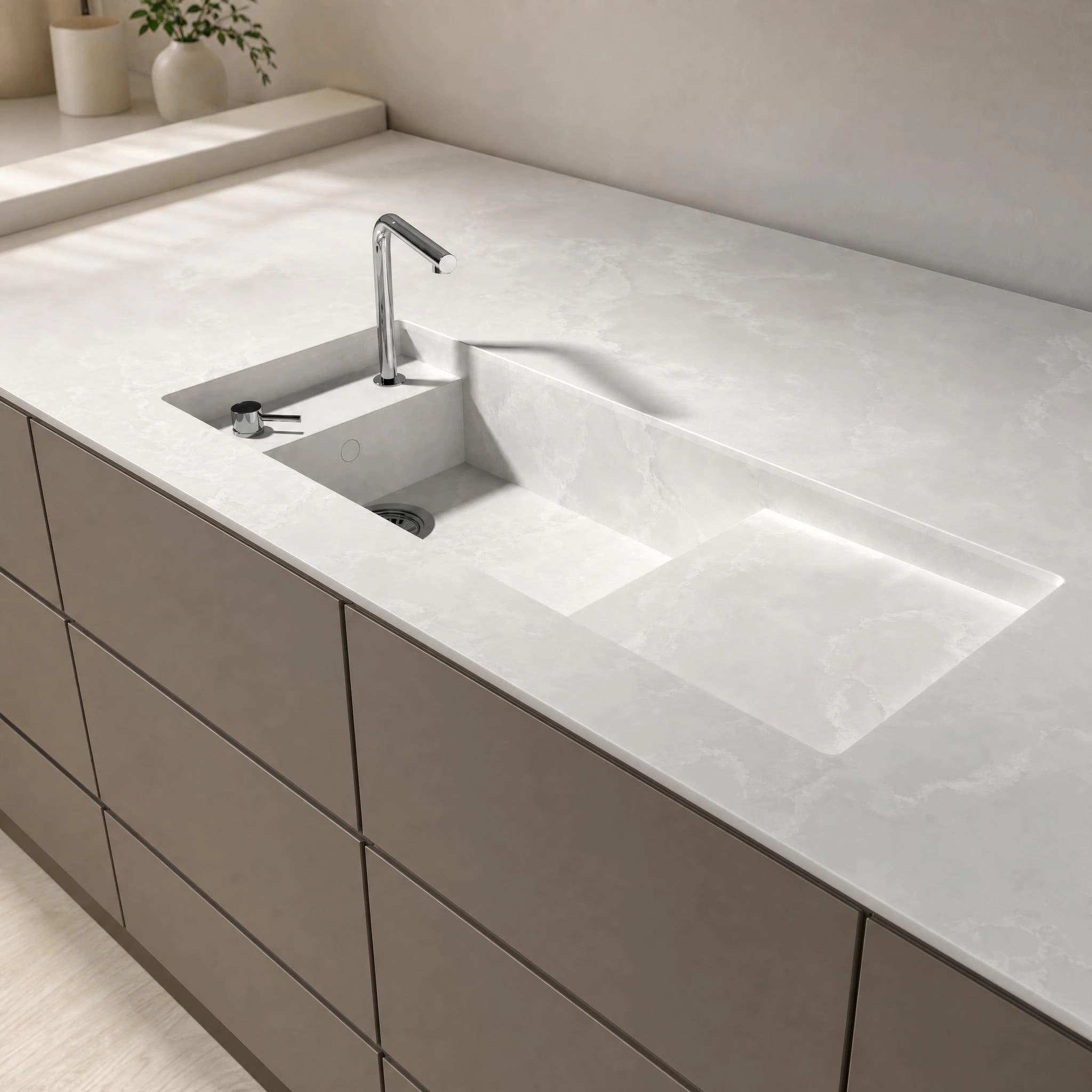 Dekton Helena worktop from the Martina model with an integrated sink and chrome tap