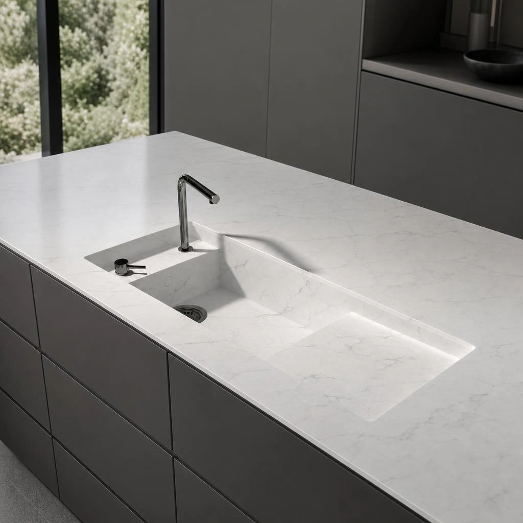 White Dekton Kairos countertop with integrated sink and metal tap on a kitchen island