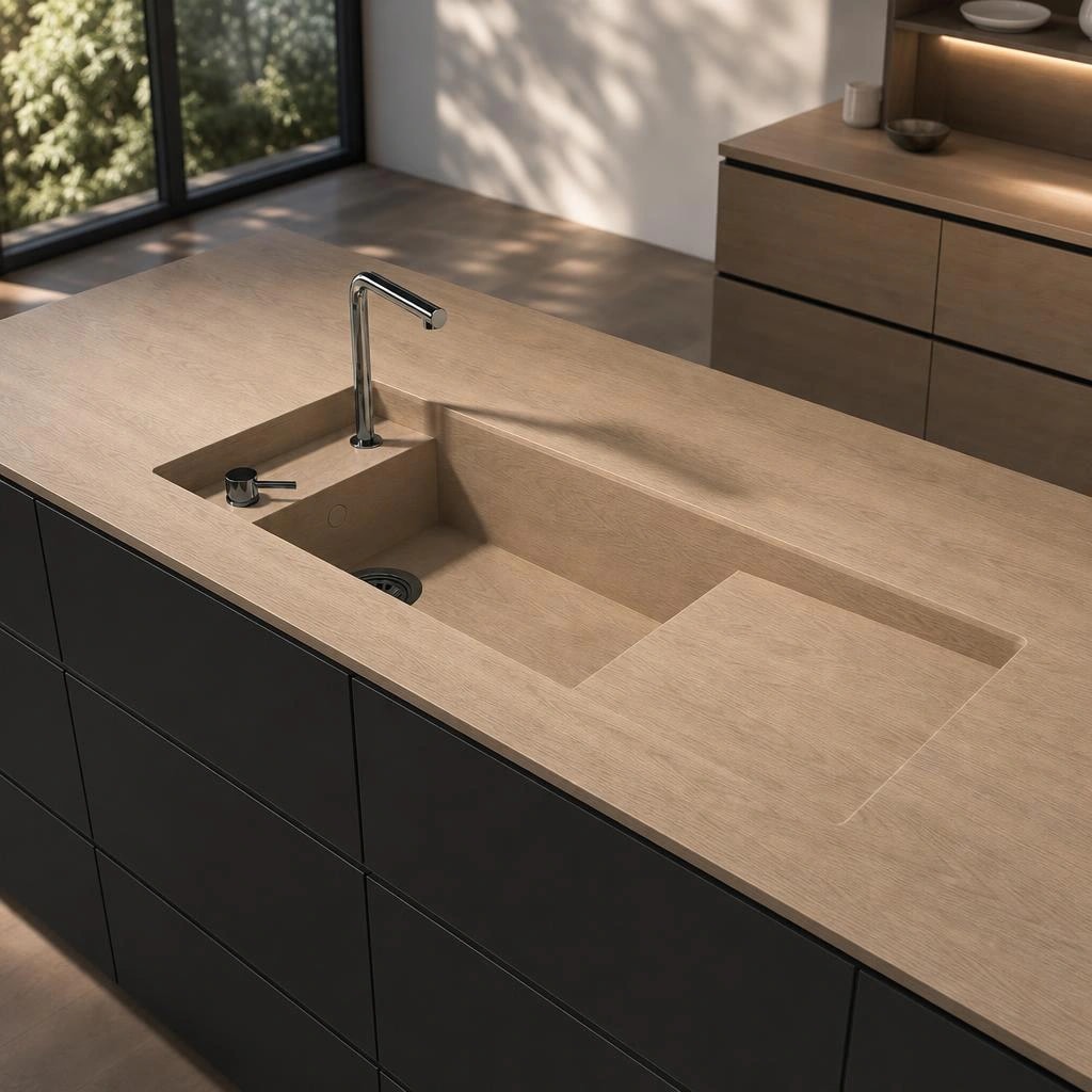 Dekton Kedar countertop on a kitchen island with an integrated sink and chrome tap