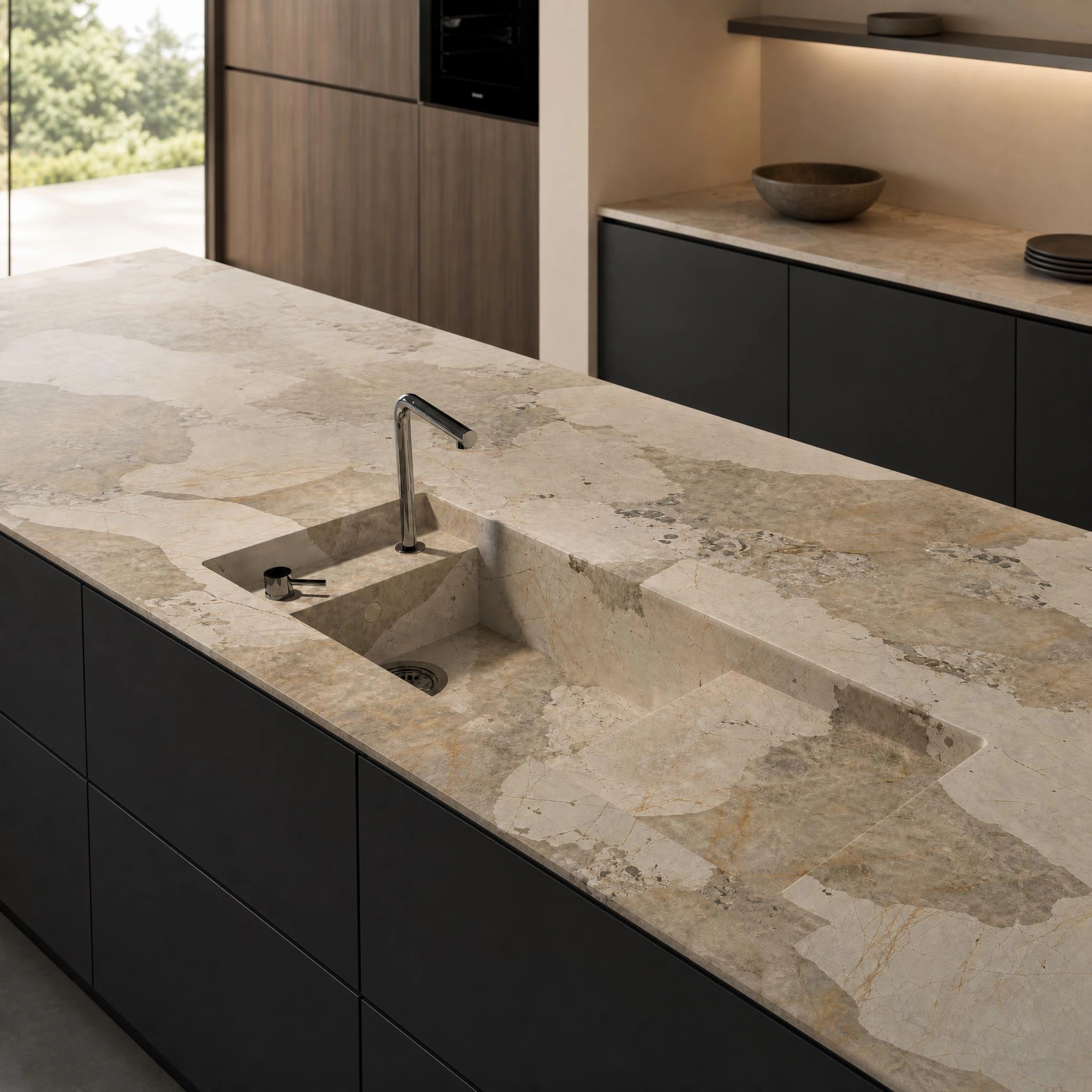 Dekton Khalo countertop in a kitchen with an integrated sink and chrome tap