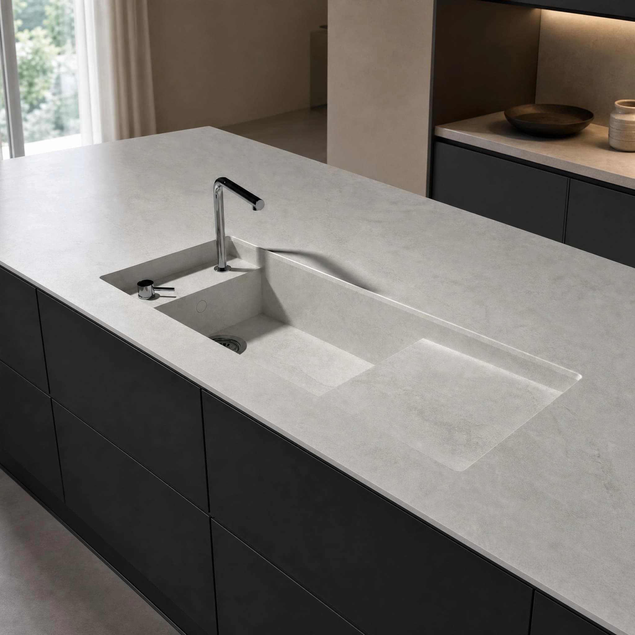 Dekton Kovik Martina countertop on a kitchen island with an integrated sink and chrome tap