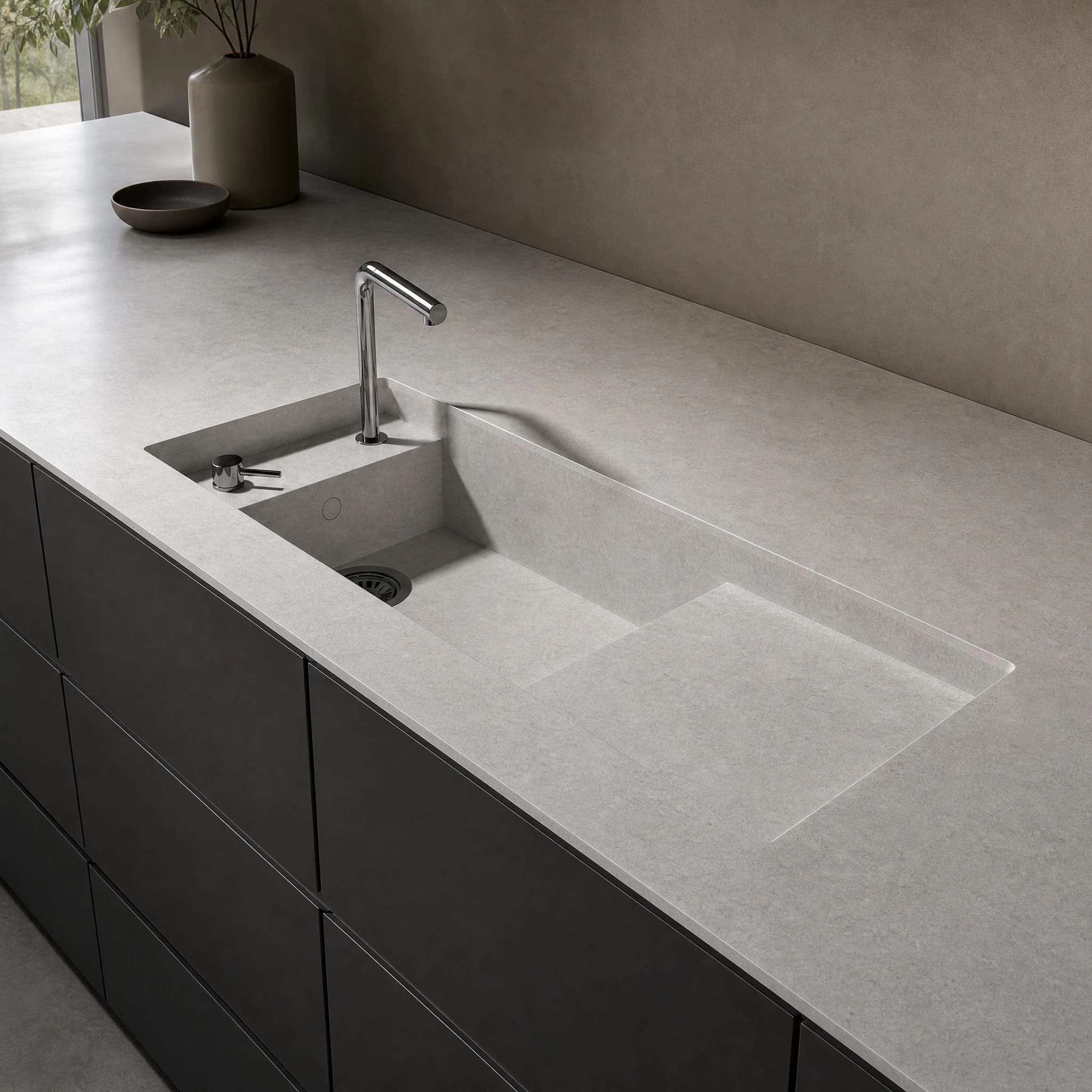 Dekton Kreta worktop with integrated sink and chrome tap