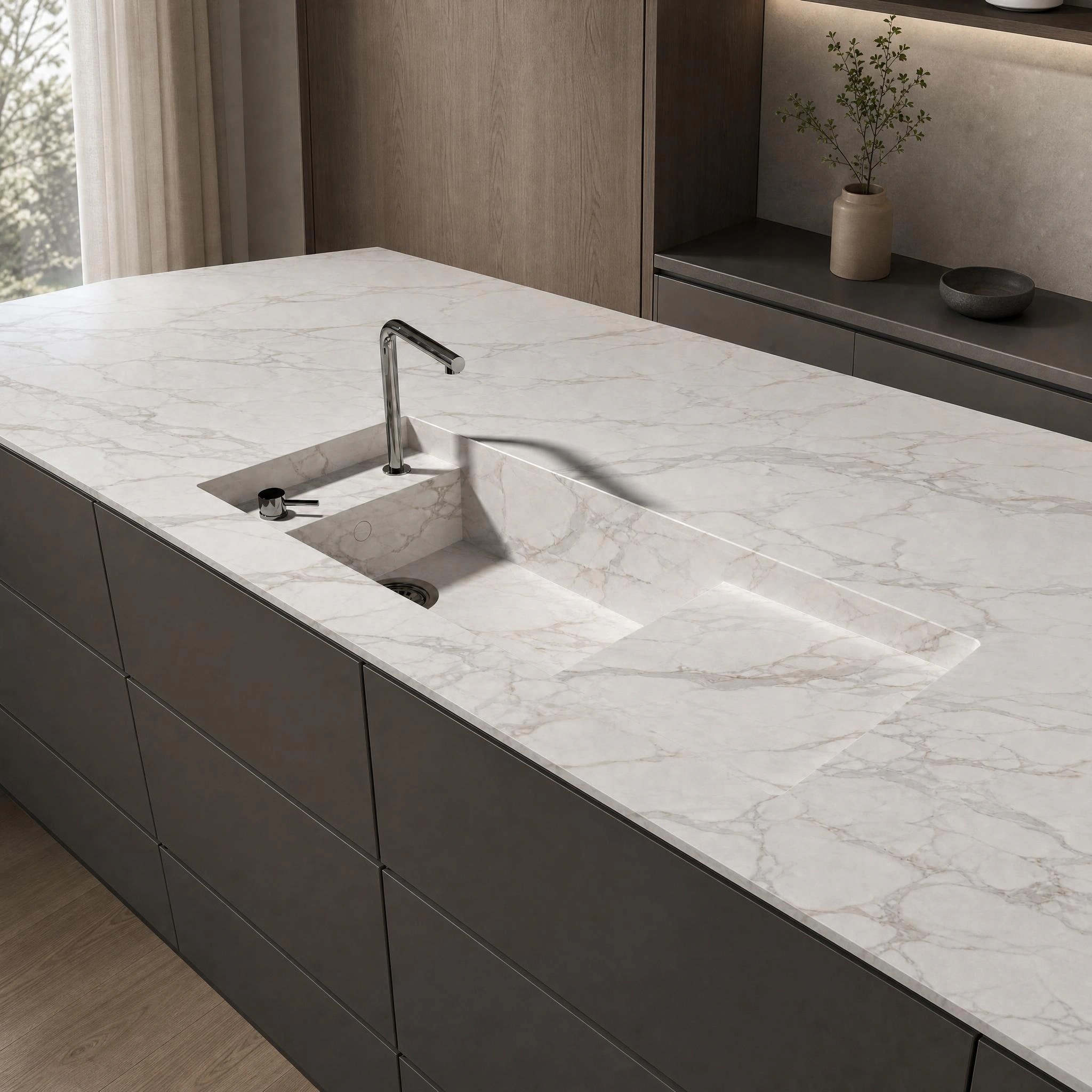 Dekton Lucid kitchen worktop with integrated sink and tap