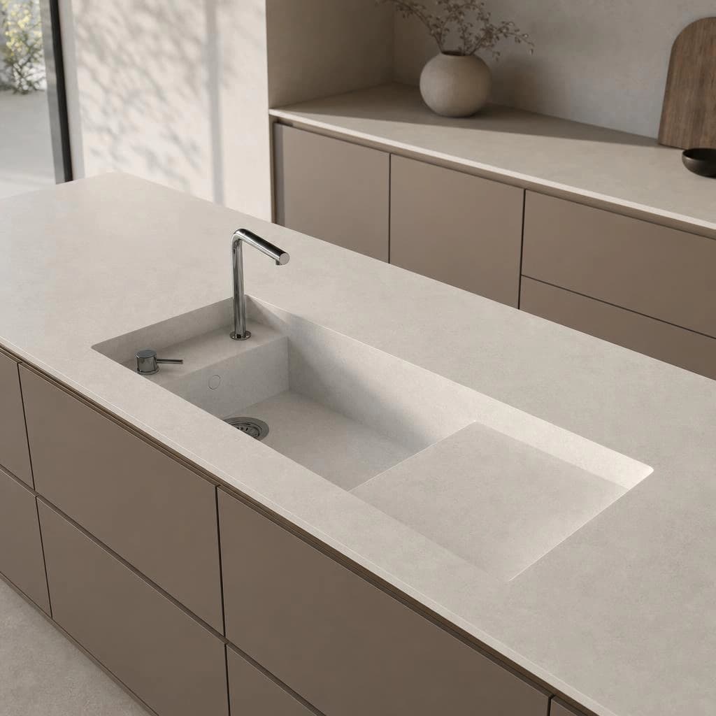 Dekton Lunar countertop on a kitchen island with an integrated sink and chrome tap