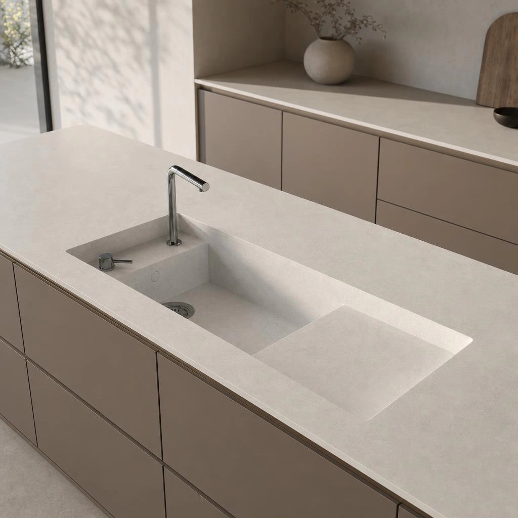 Dekton Lunar countertop on a kitchen island with an integrated sink and chrome tap