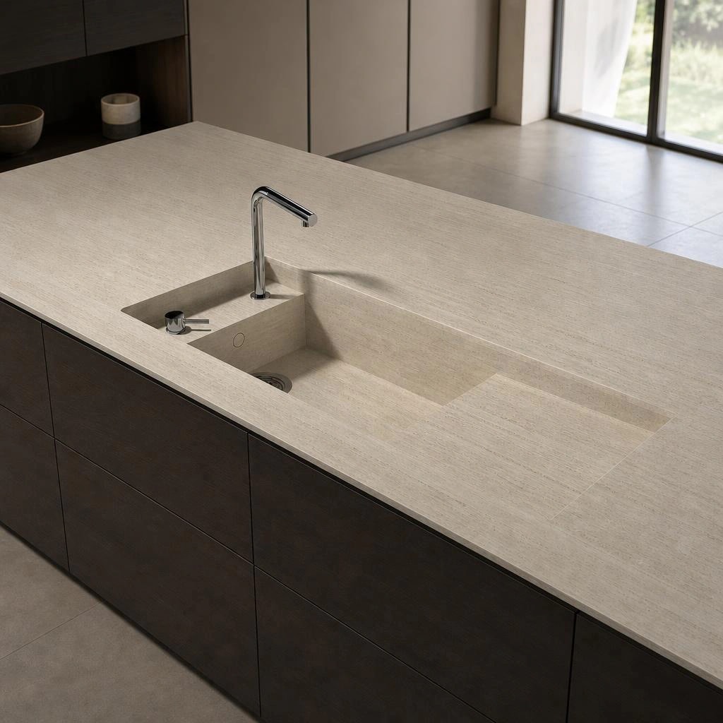 Dekton Marmorio countertop on a kitchen island with an integrated sink and chrome tap
