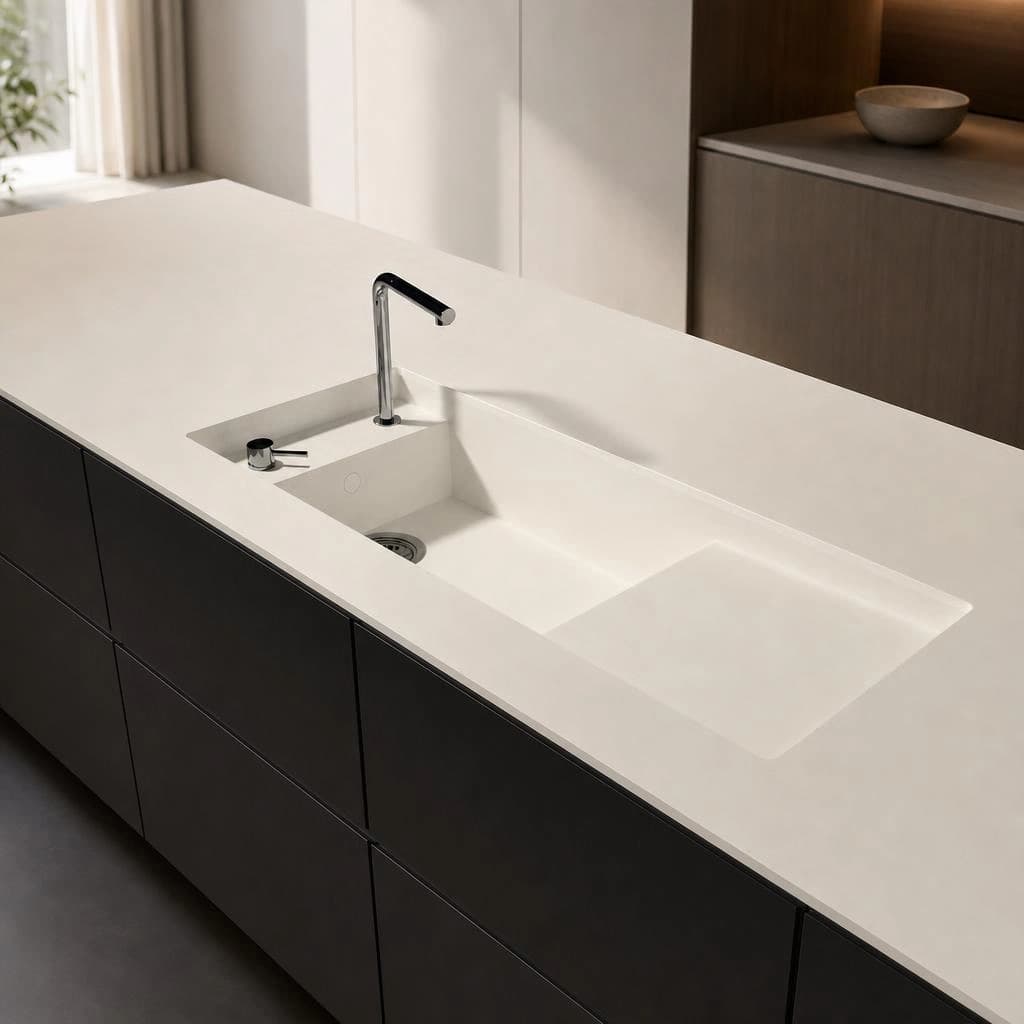 White Dekton Moone worktop on a kitchen island with an integrated sink and tap