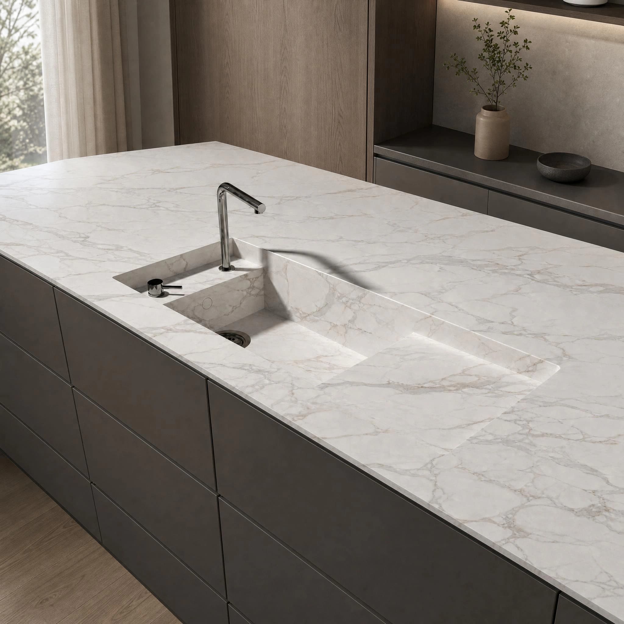 Dekton Morpheus countertop with integrated sink and faucet on a kitchen island