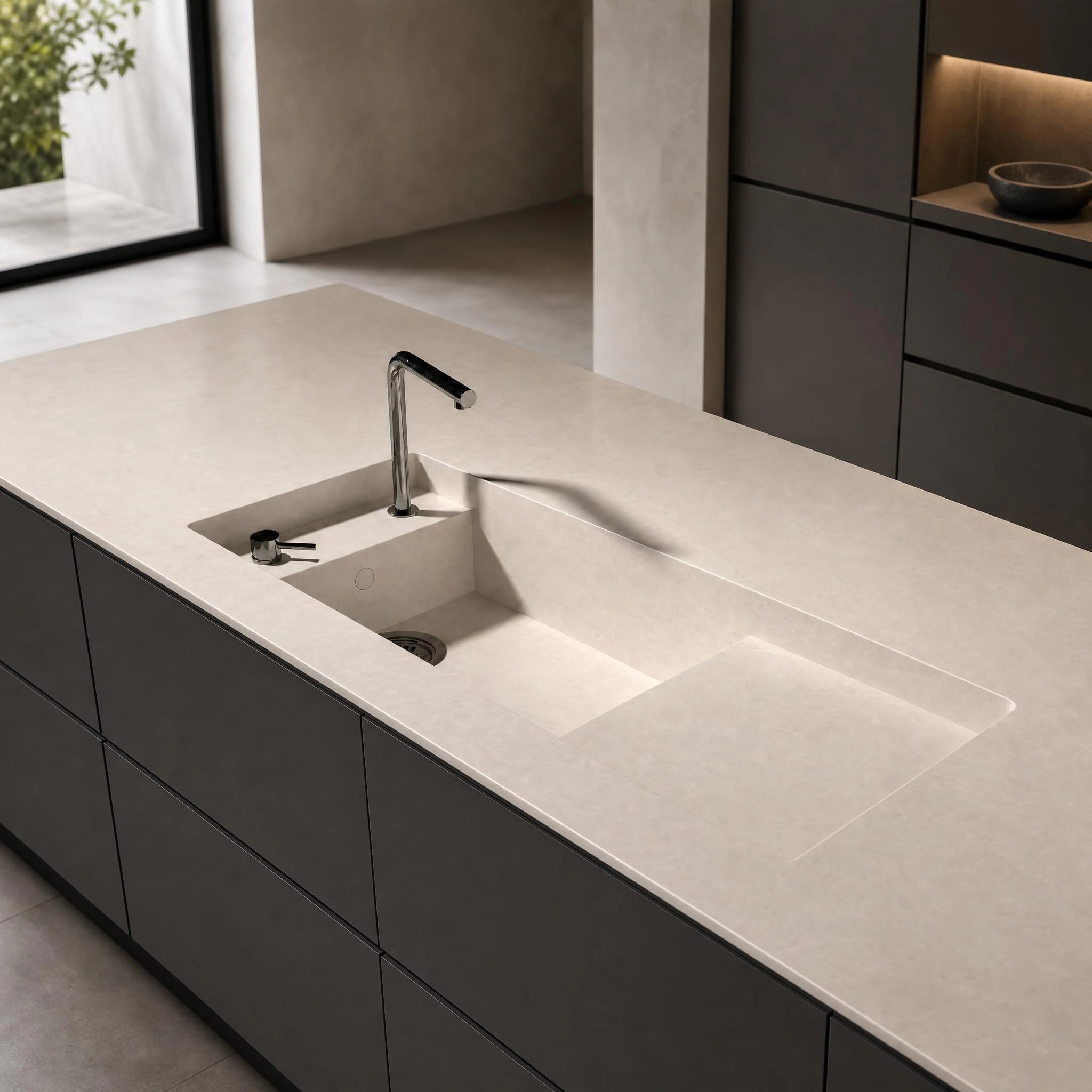 Dekton Martina worktop in Nacre with integrated sink and tap
