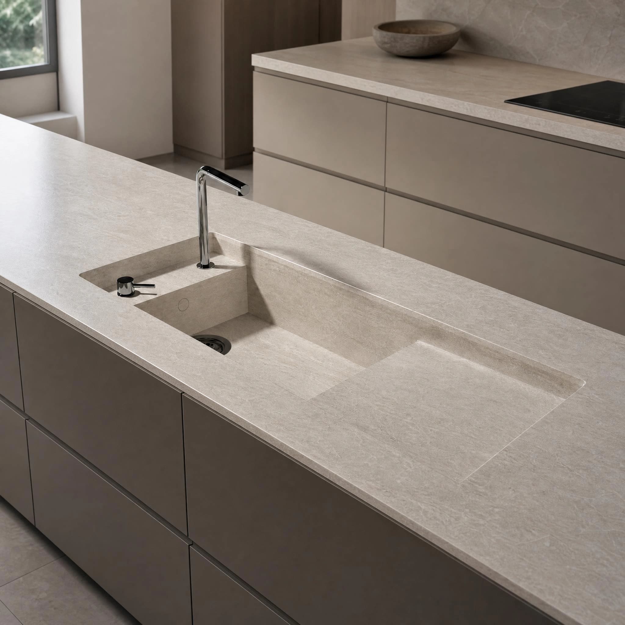 Dekton Nara worktop in a kitchen with an integrated sink, chrome tap and hob