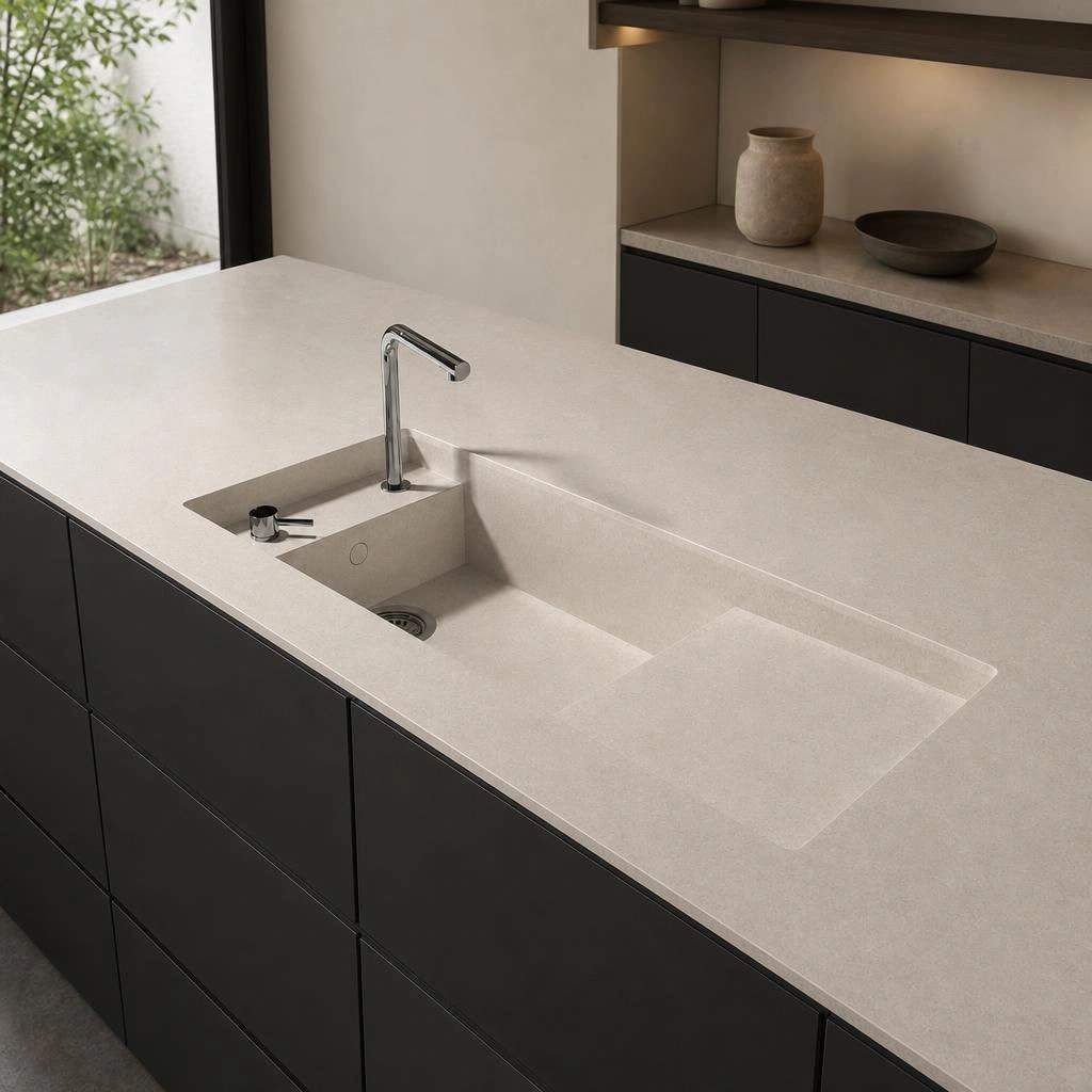 Dekton Martina Nebbia countertop with integrated sink and faucet in a kitchen