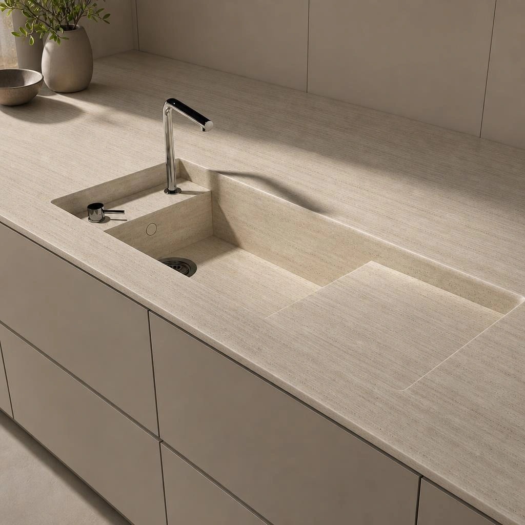 Dekton Nebu countertop with integrated sink and chrome faucet