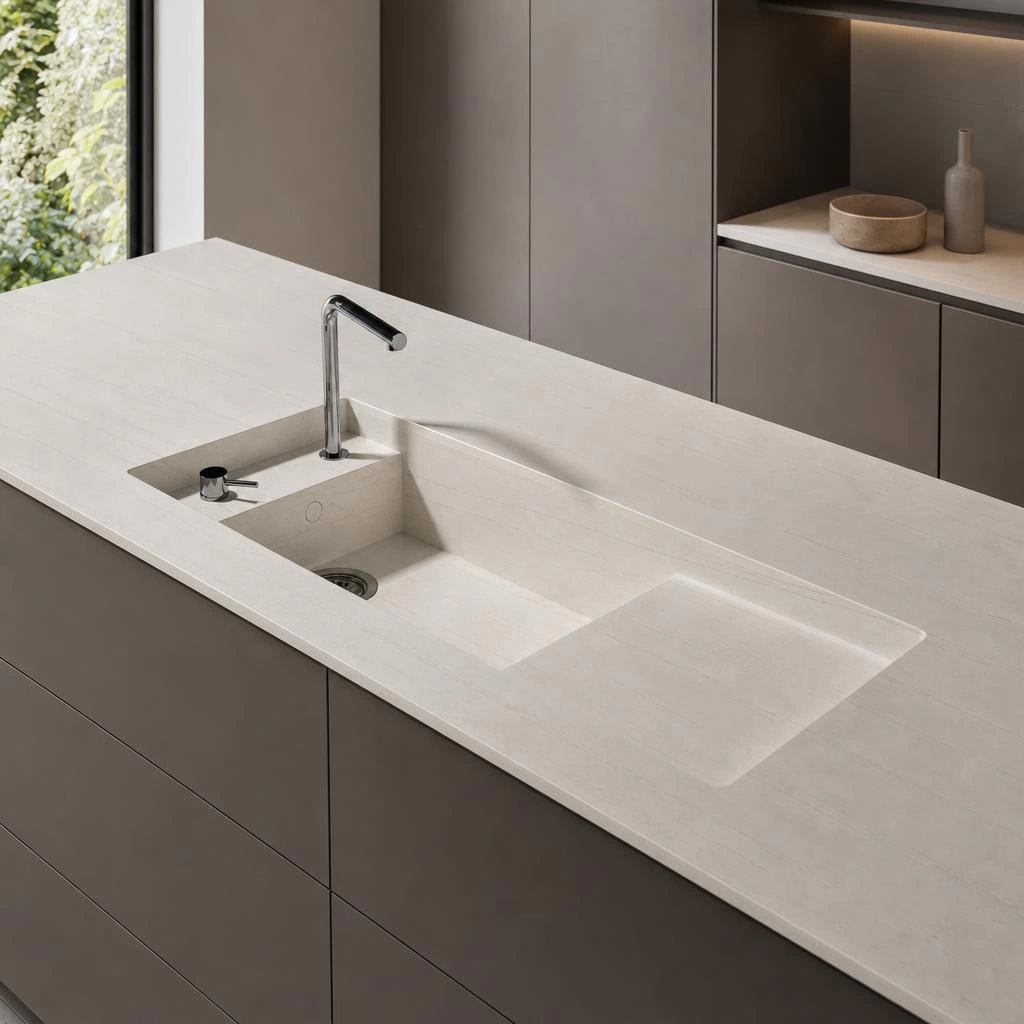 Light Dekton Neural worktop with integrated sink and chrome tap