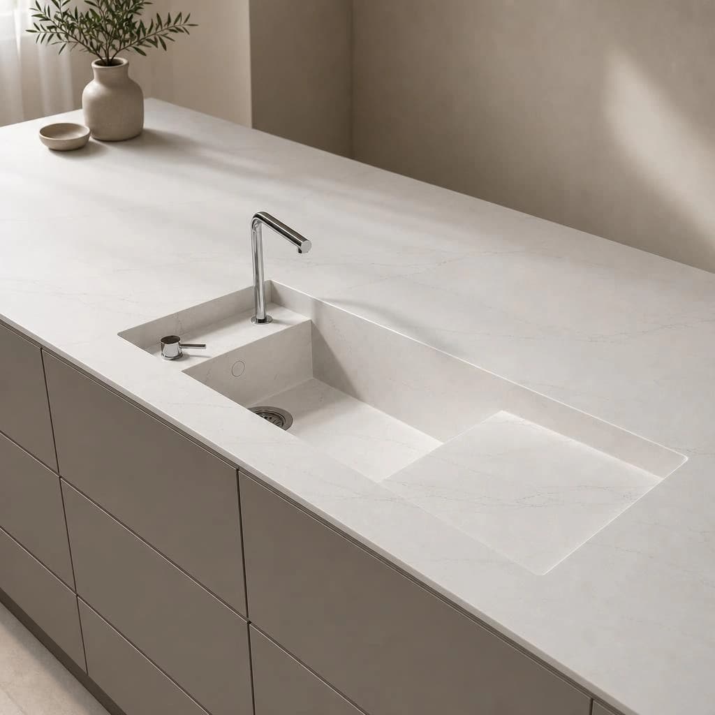White Dekton Rem countertop with integrated sink and chrome faucet