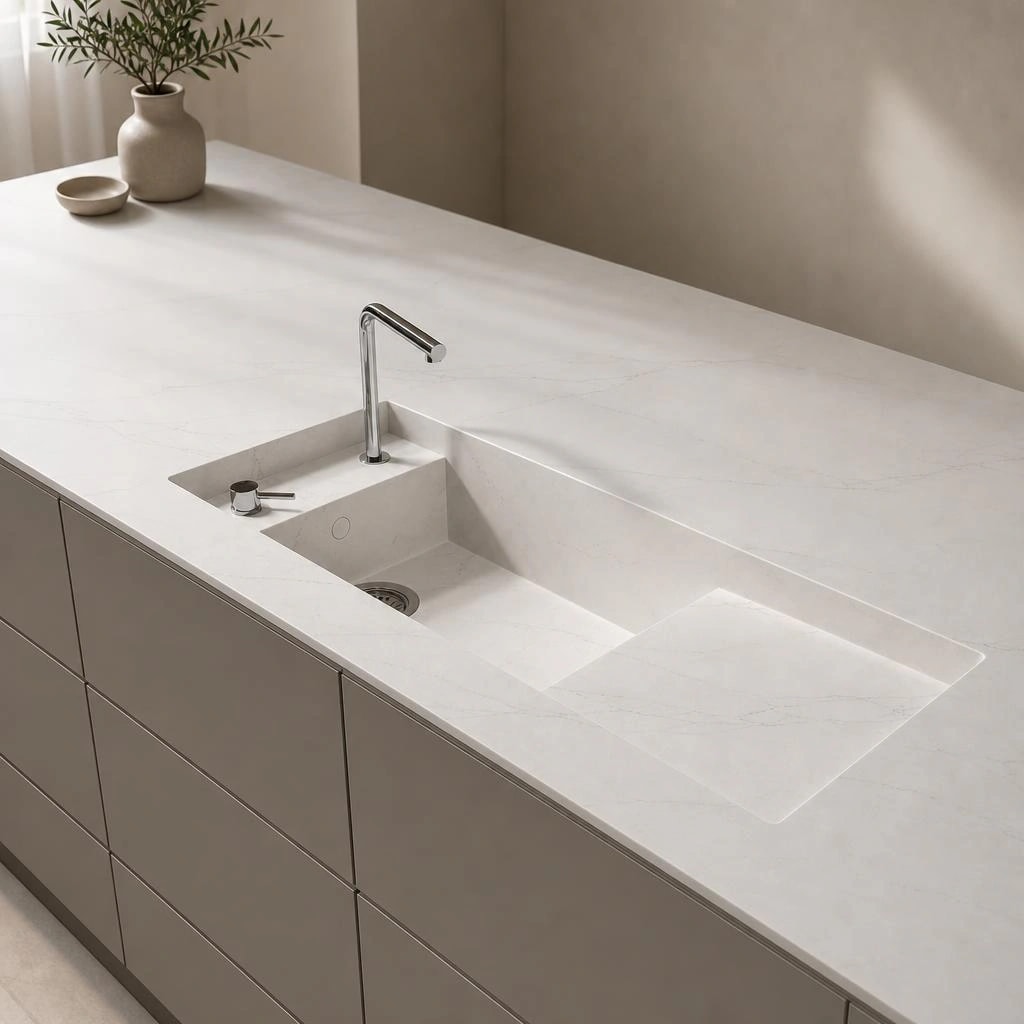 White Dekton Rem countertop with integrated sink and chrome faucet