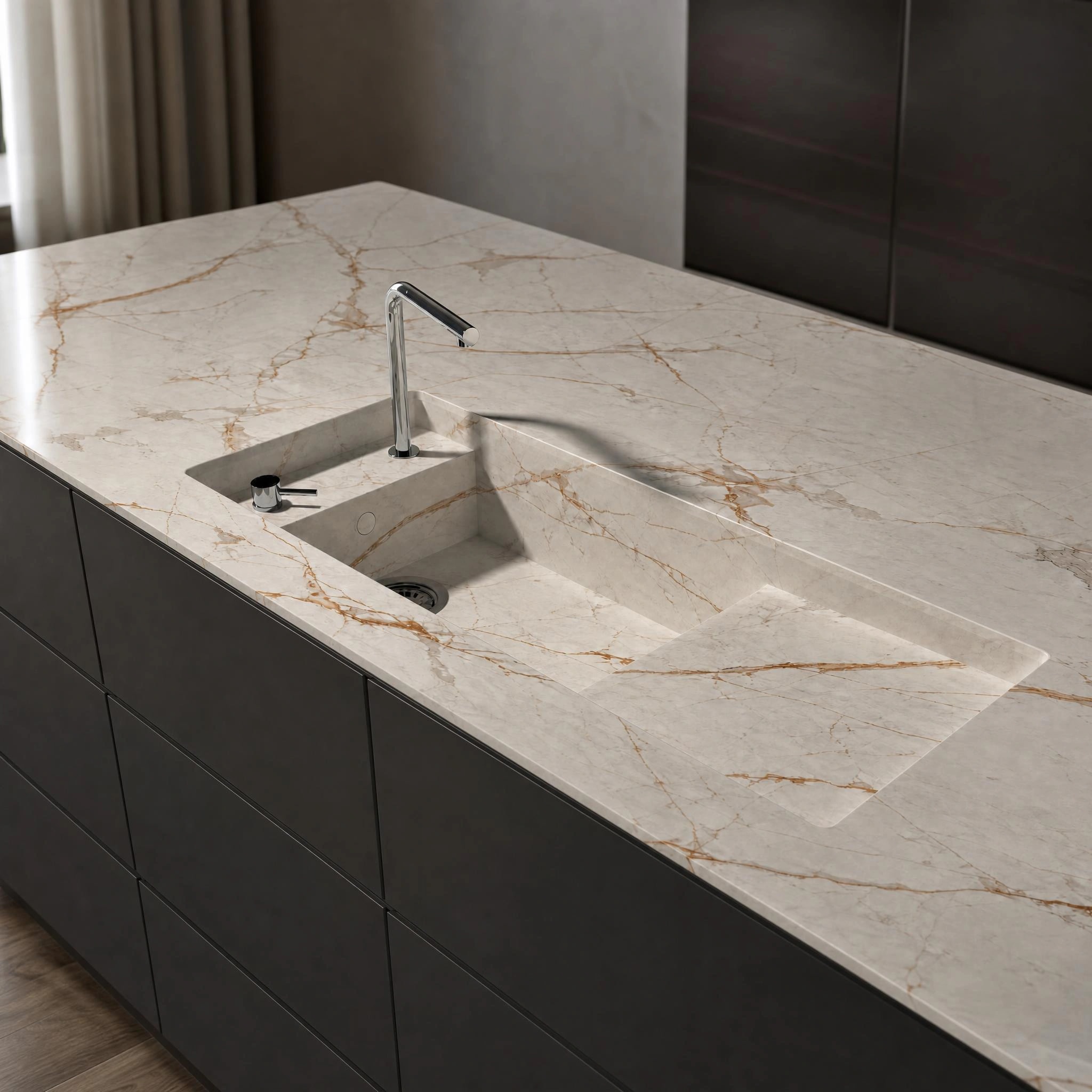 Dekton Reverie countertop with integrated sink, faucet and visible veining in light and golden tones