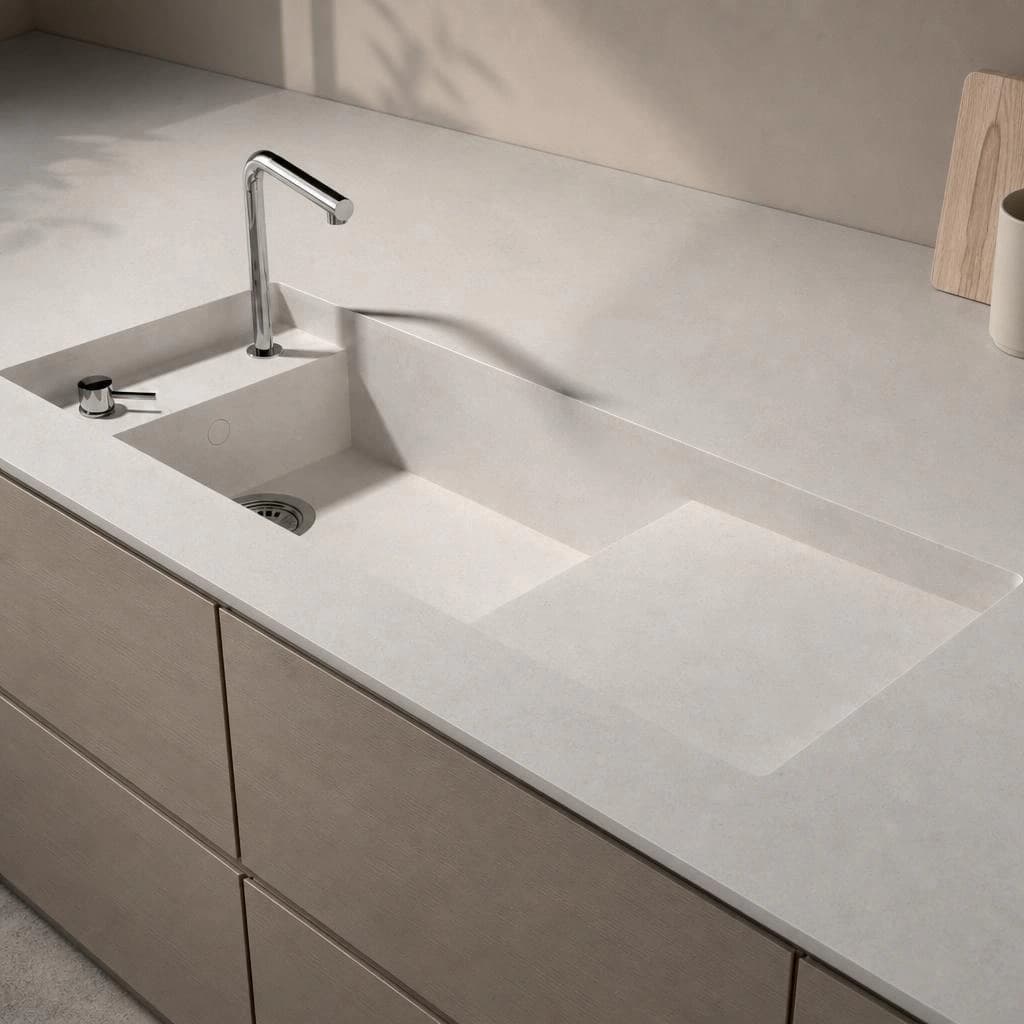 Dekton Sandik countertop with integrated sink and chrome faucet