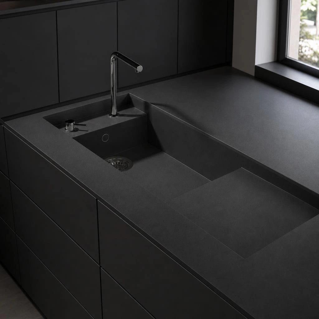 Black Dekton Sirius worktop with integrated sink, tap and work area