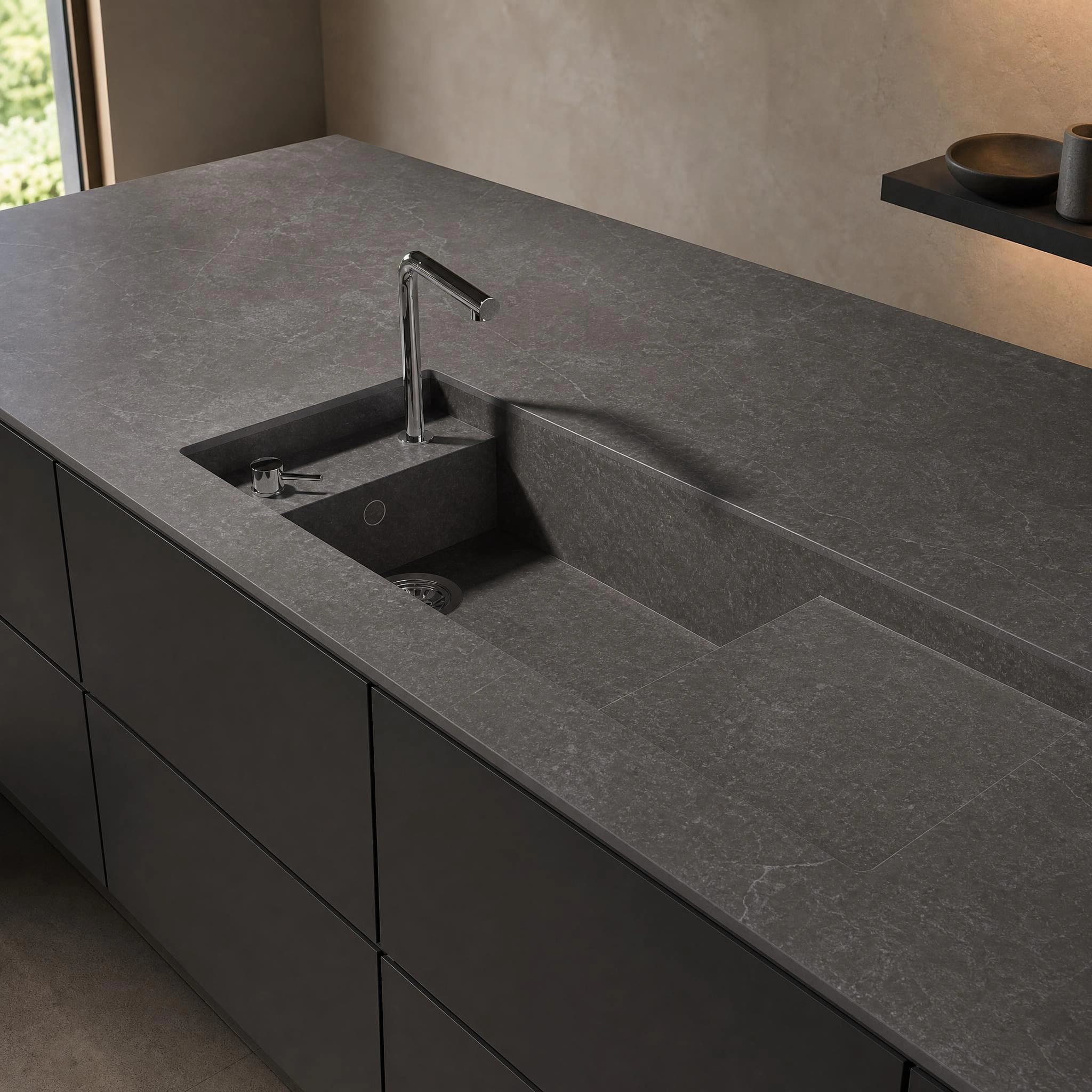 Dekton Soke worktop in a kitchen with an integrated sink and chrome tap