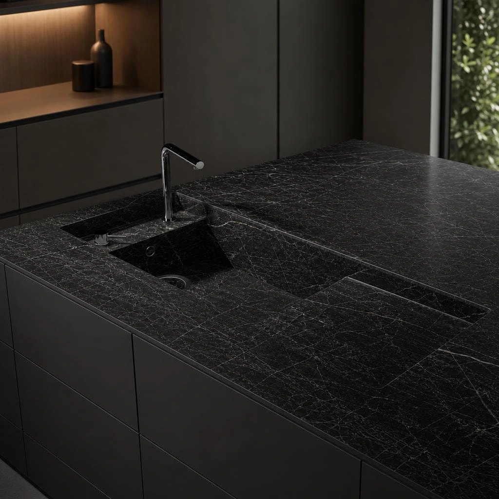 Black Dekton Somnia worktop with light veining, integrated sink and tap on a kitchen island