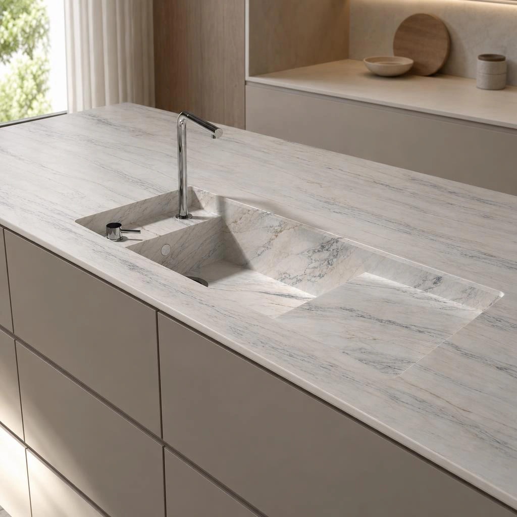 Dekton Trance countertop with an integrated sink and chrome faucet in a kitchen