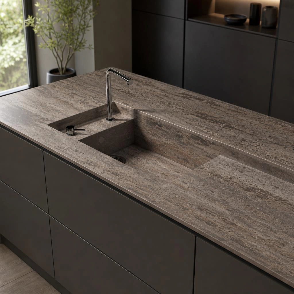 Dekton Trilium countertop with an integrated sink and tap on a kitchen island