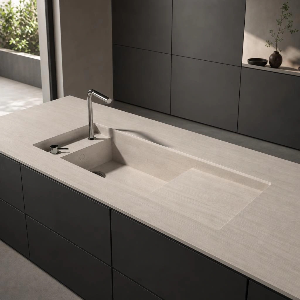 Dekton Zira worktop with integrated sink and tap on a kitchen island