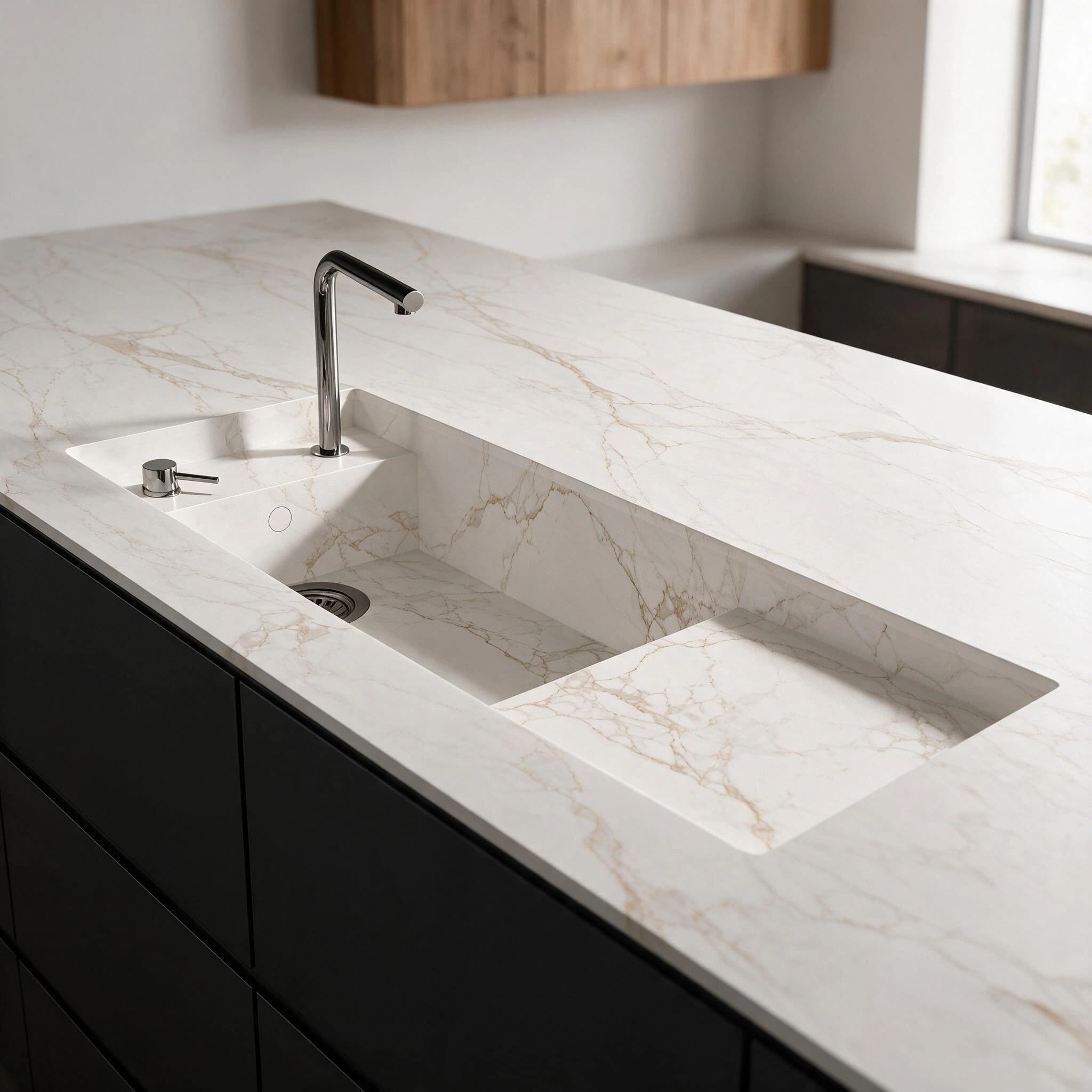 White veined countertop with integrated sink, chrome tap and black cabinets