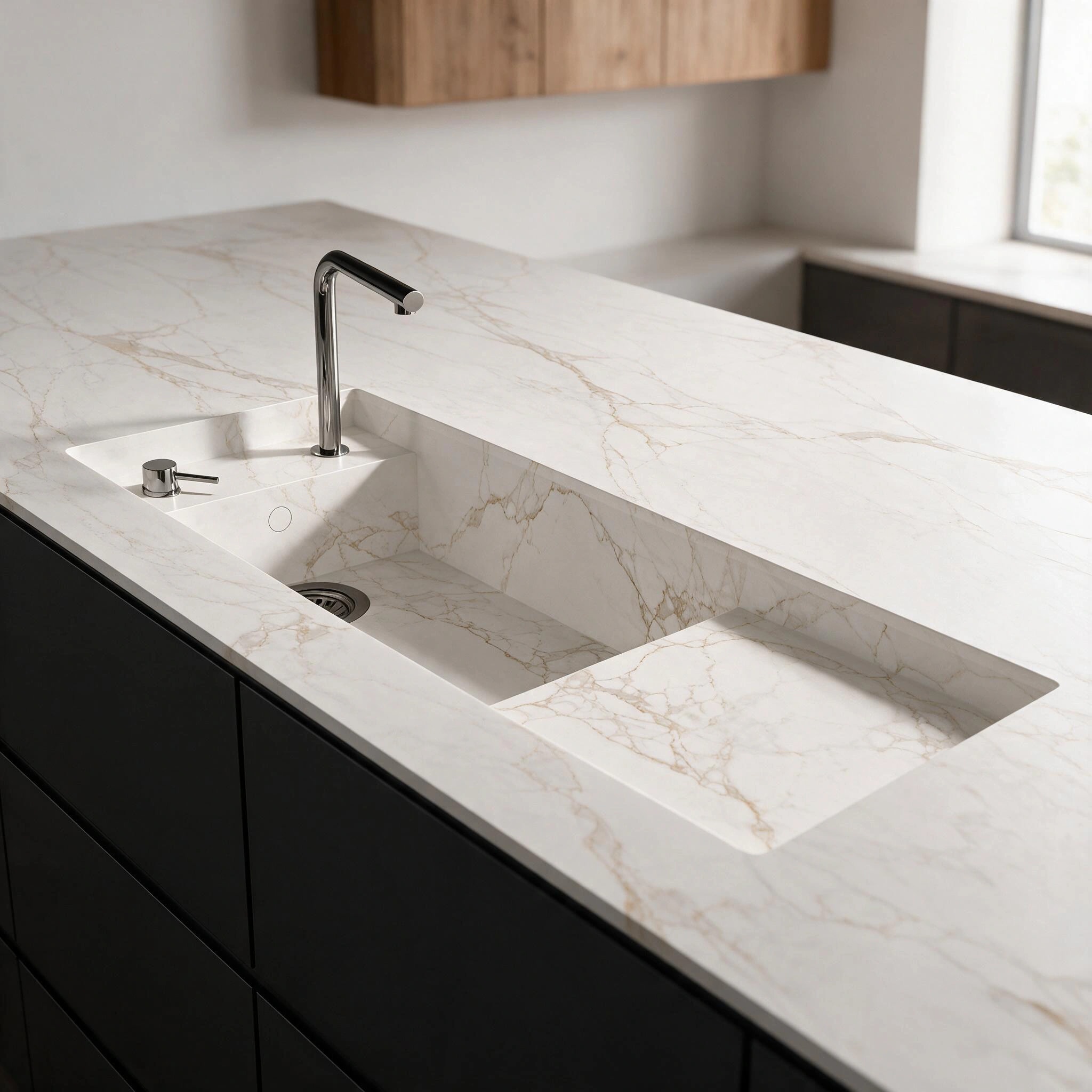White veined countertop with integrated sink, chrome tap and black cabinets
