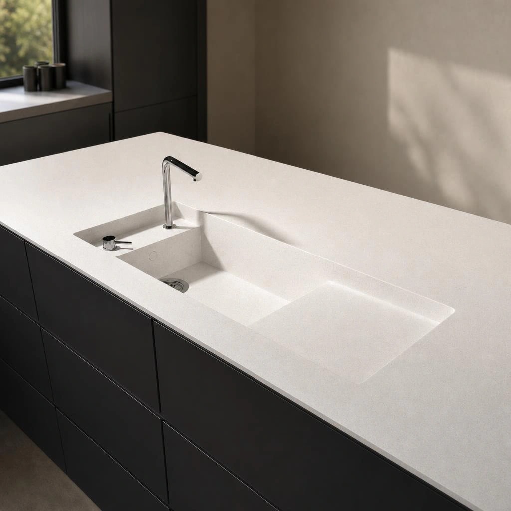 White Silestone Blanco Maple countertop with integrated sink, chrome faucet and black cabinets