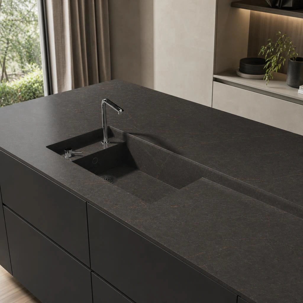 Silestone Bohemian Flame kitchen worktop in a dark colour with an integrated sink and tap