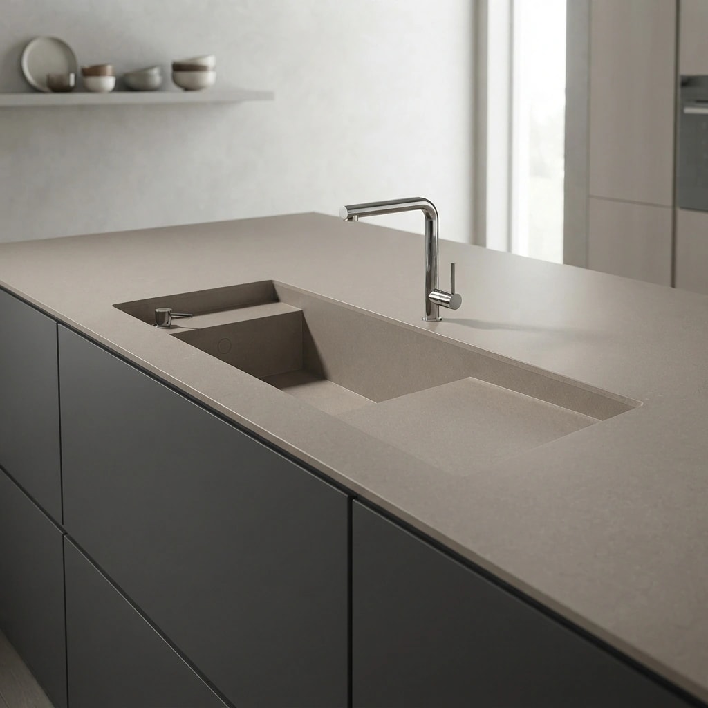 Silestone Brass Relish countertop with integrated sink and faucet in a kitchen