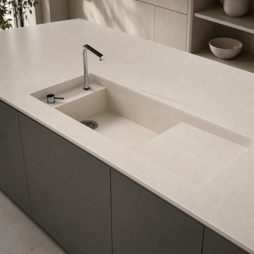 Silestone Calacatta Tova kitchen countertop with integrated sink and chrome faucet