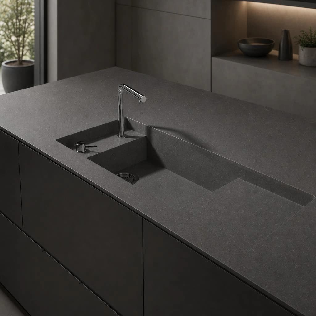 Silestone Cinder Craze Arbeitsplatte mit integriertem Spülbecken und verchromter Armatur