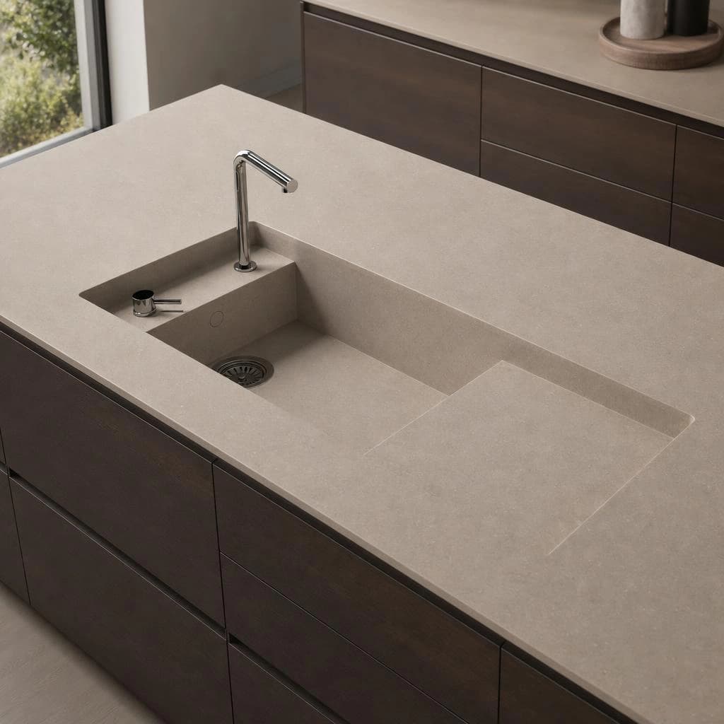 Silestone Coral Clay Colour countertop with integrated sink and chrome faucet
